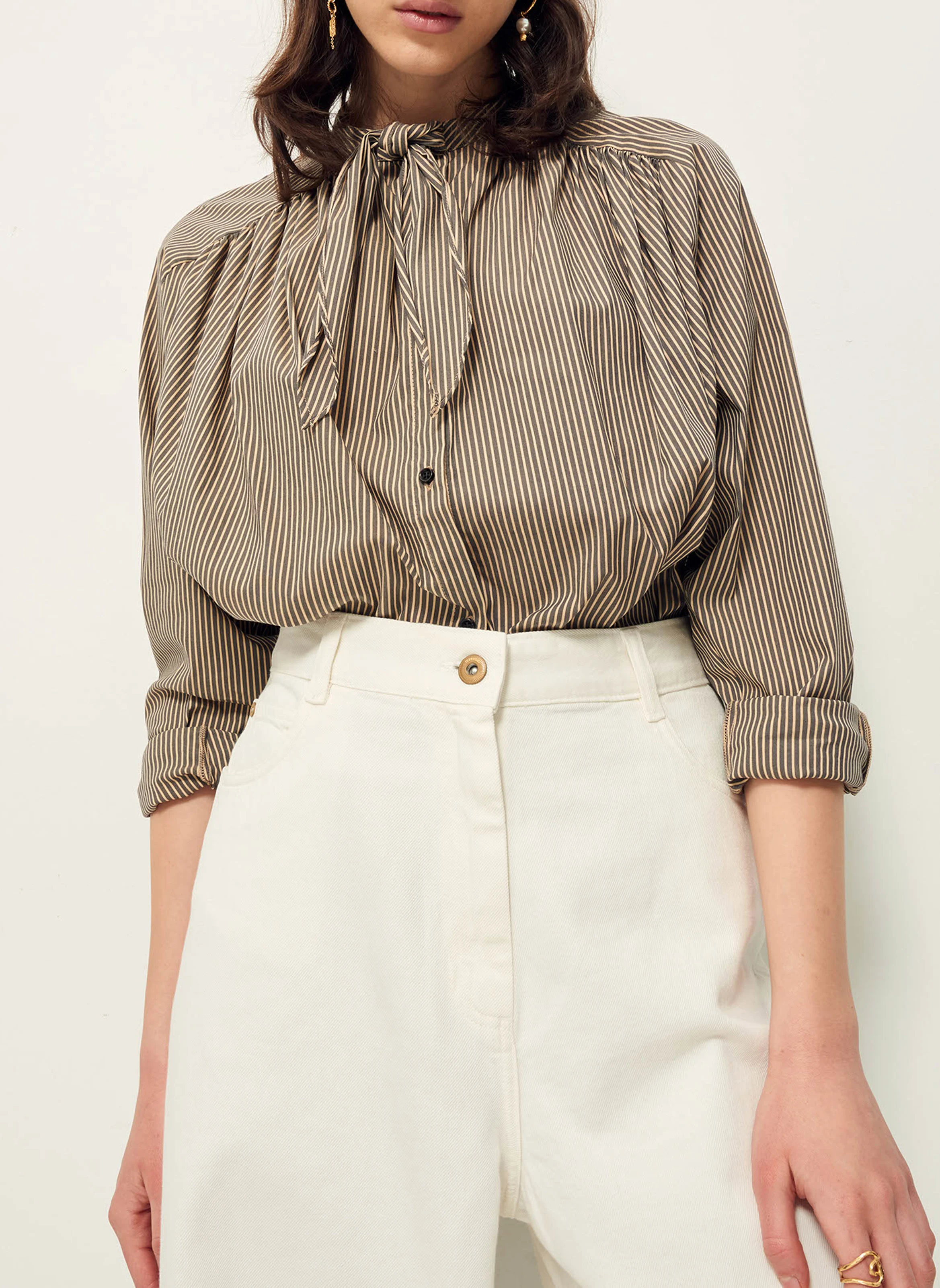 JOYCE - Chemise col rond rayée en coton mélangé | Rose