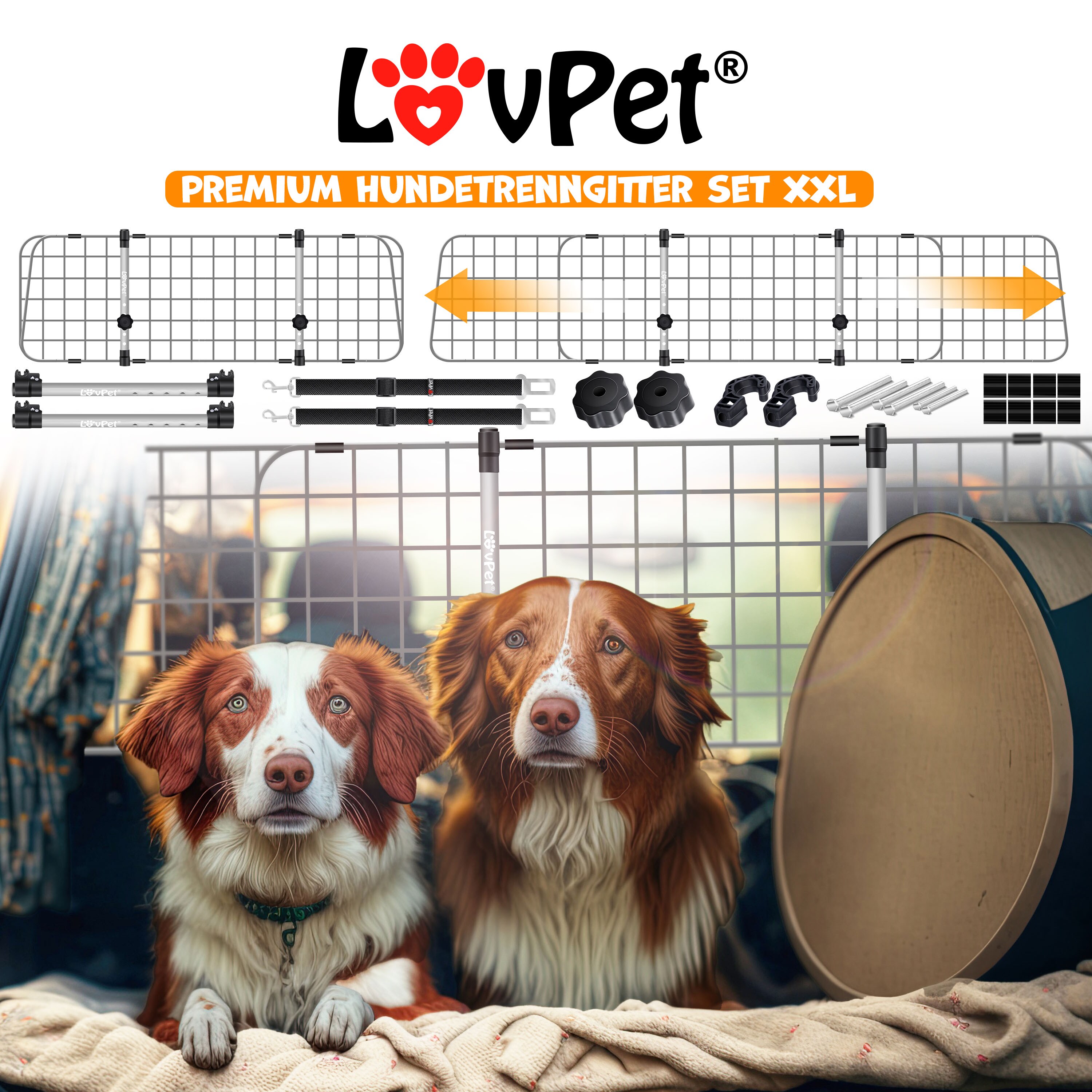 LovPet® Hundegitter Auto, Autoschutzgitter Trenngitter Universal, verstellbare Breite, Kopfstütze Kofferraum Autogitter Maße HxB 30 x 91-153 cm Kofferraumgitter,+ 2x Sicherheitsgurt für Hunde
