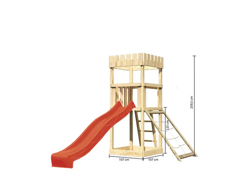 Speeltoren/speelhuis Karibu Leeuwenhart, 107 x 107 cm, van hout, bestaande uit glijbaan en nethelling (rood).
