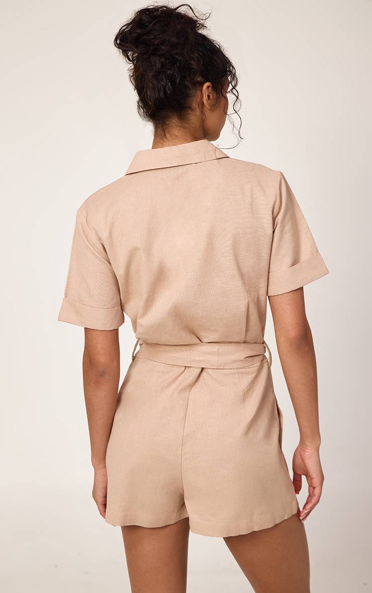 Taupe Combi-short Cargo Aspect Lin Avec Ceinture À Nouer À La Taille