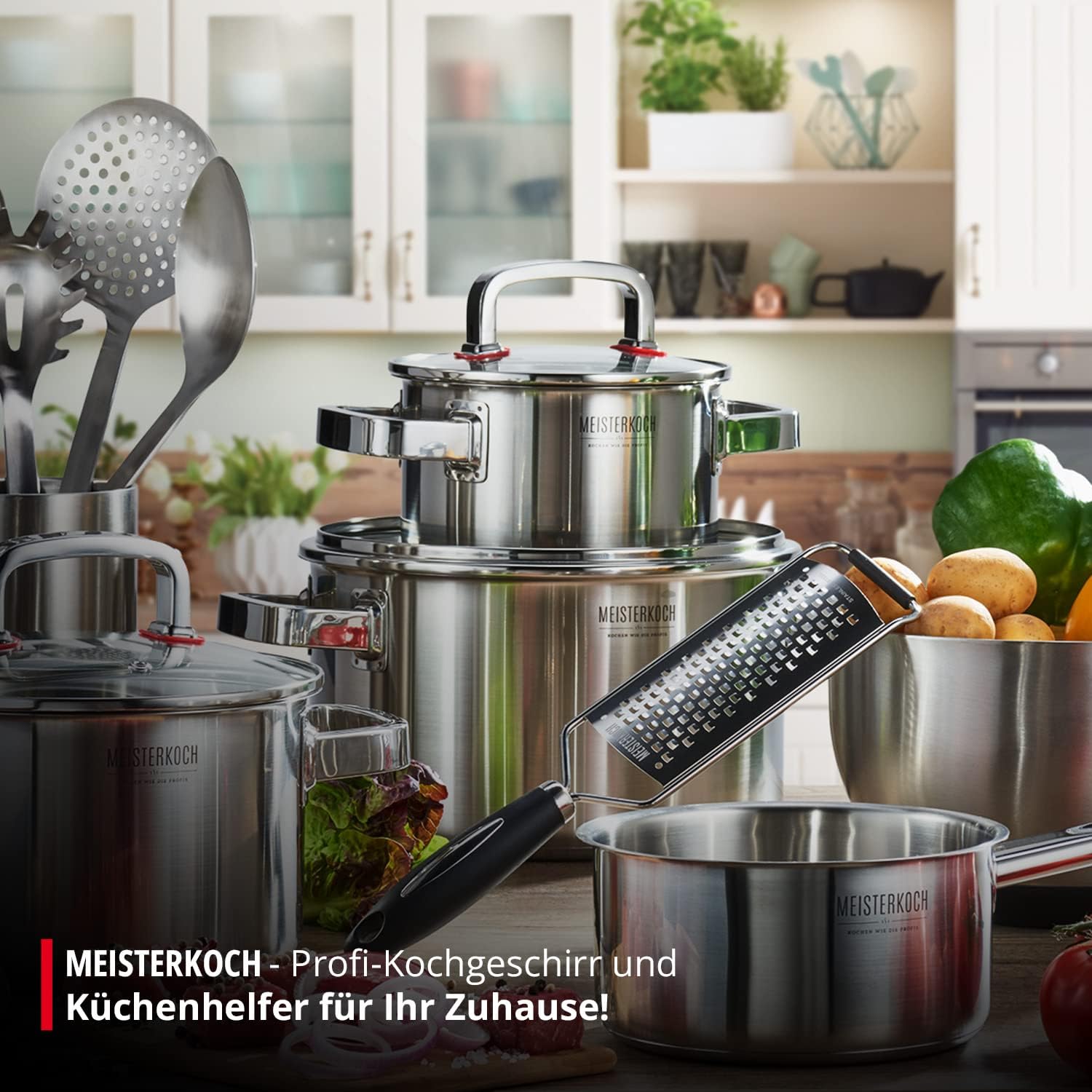 MEISTERKOCH Premium-Topfset aus rostfreiem Edelstahl | Profi-Kochgeschirr 4-teilig inklusive 3 Glasdeckel | isolierende Kaltgriffe, Induktion, Innenskala | 16-24 cm Durchmesser