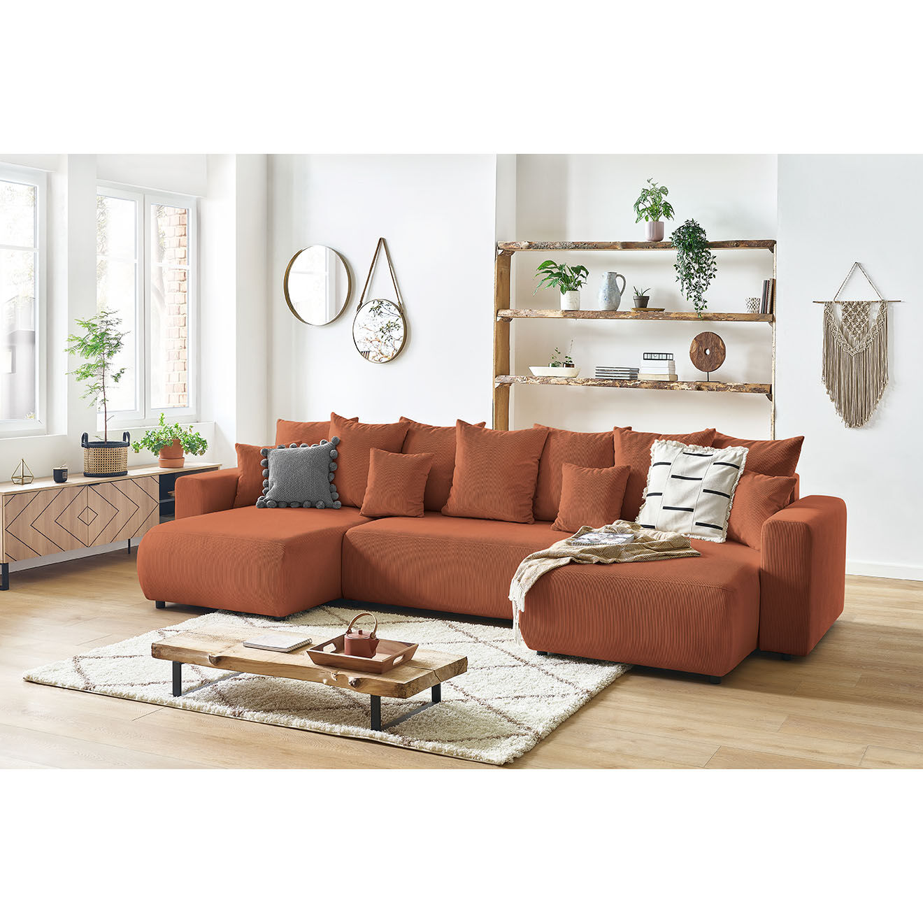 Bobochic Canapé panoramique convertible coffre velours côtelé envy orange - 386x153x95 cm