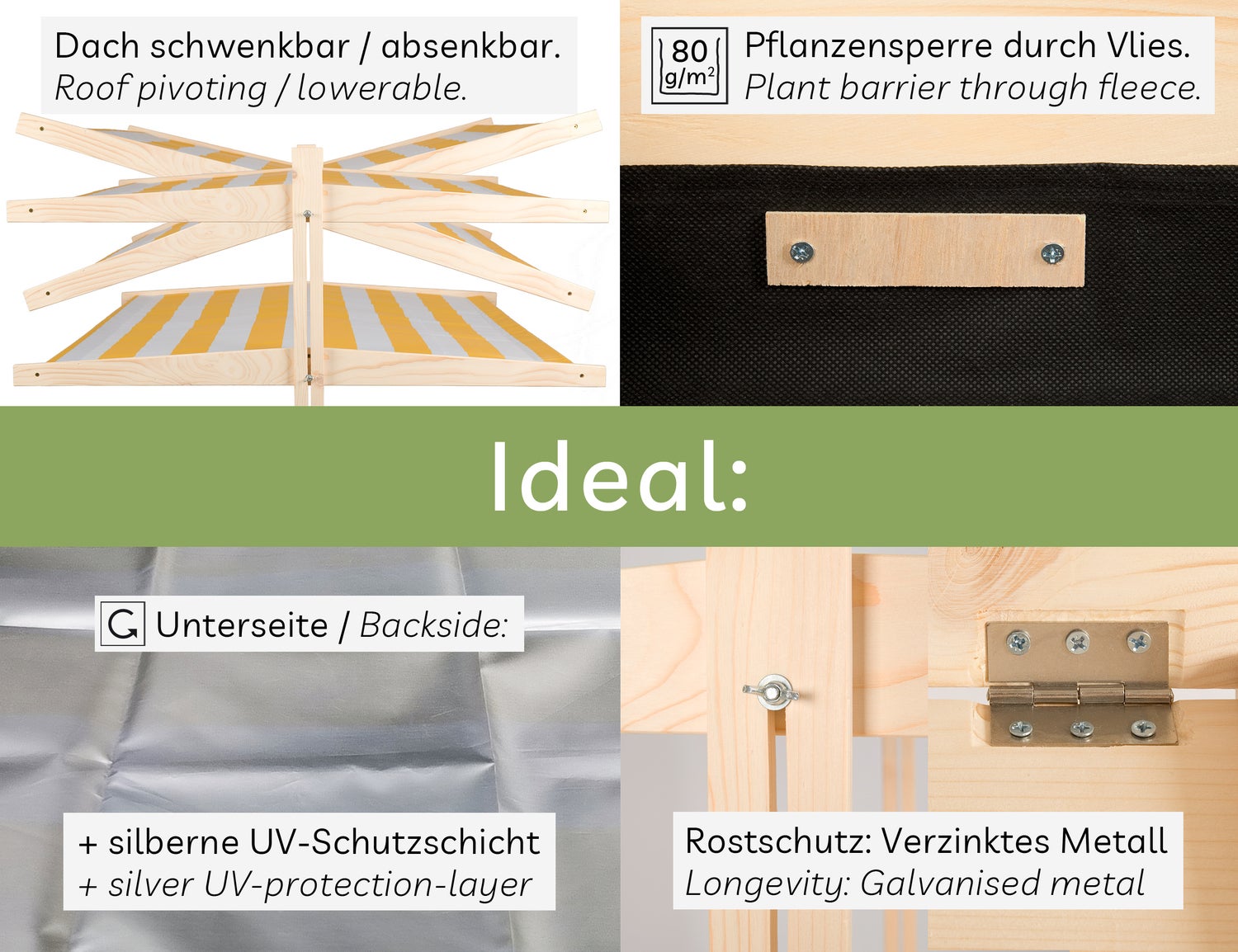 needs&wants® Zandbak met deksel, dak, deksel, bankje en voetstuk, houten zandbak, vierkant, afsluitbaar, uv-bescherming met bankje, buitentuin voor kinderen, spar, geel, wit, bruin