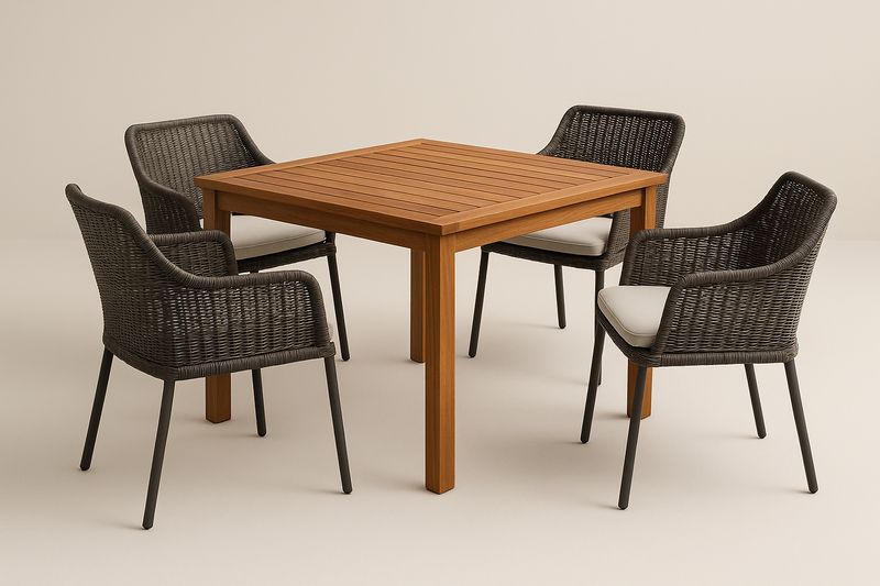 Quadratisches Garten-Esstisch-Set aus Akazienholz und PE-Rattan