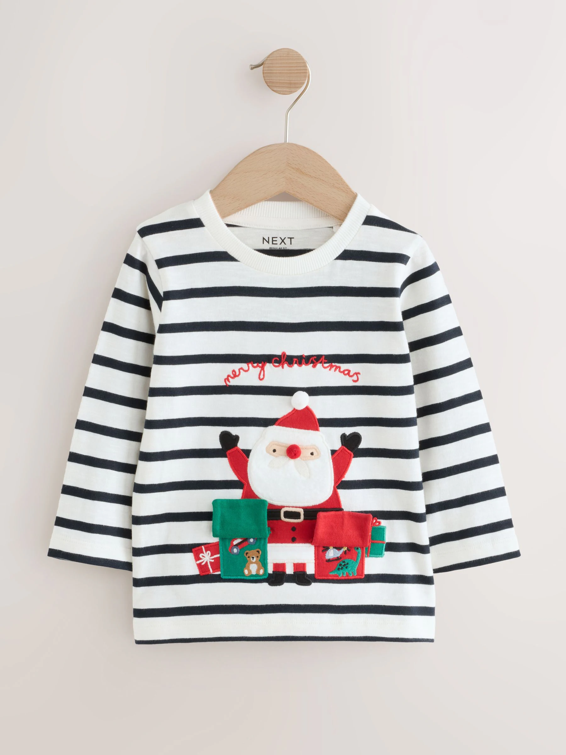 Wit/blauw Santa-applicatie - Kerst-T-shirt met lange mouwen (3mnd -7jr)