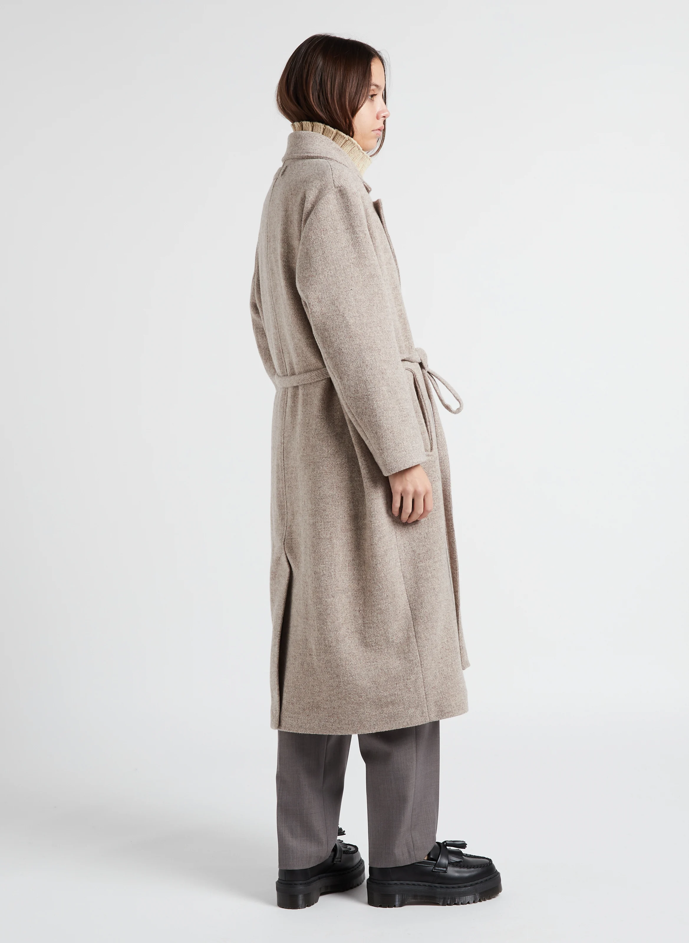 ARTHUS - Manteau col tailleur ceinturé en laine| Beige