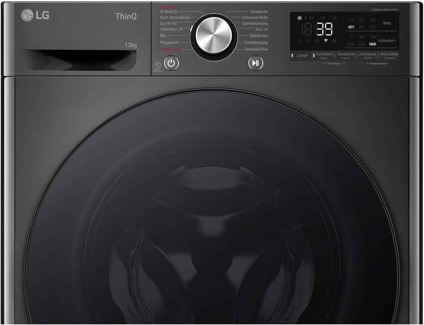 LG F4WR703YB Frontlader-Waschmaschine 13 kg, Klasse A -20%, 1.400 U./Min., 61.5x60x85 cm, TurboWash 360 in 39 Minuten, Allergy Care, Steam, Wi-Fi, Digitales Touchdisplay, Platinum Black
