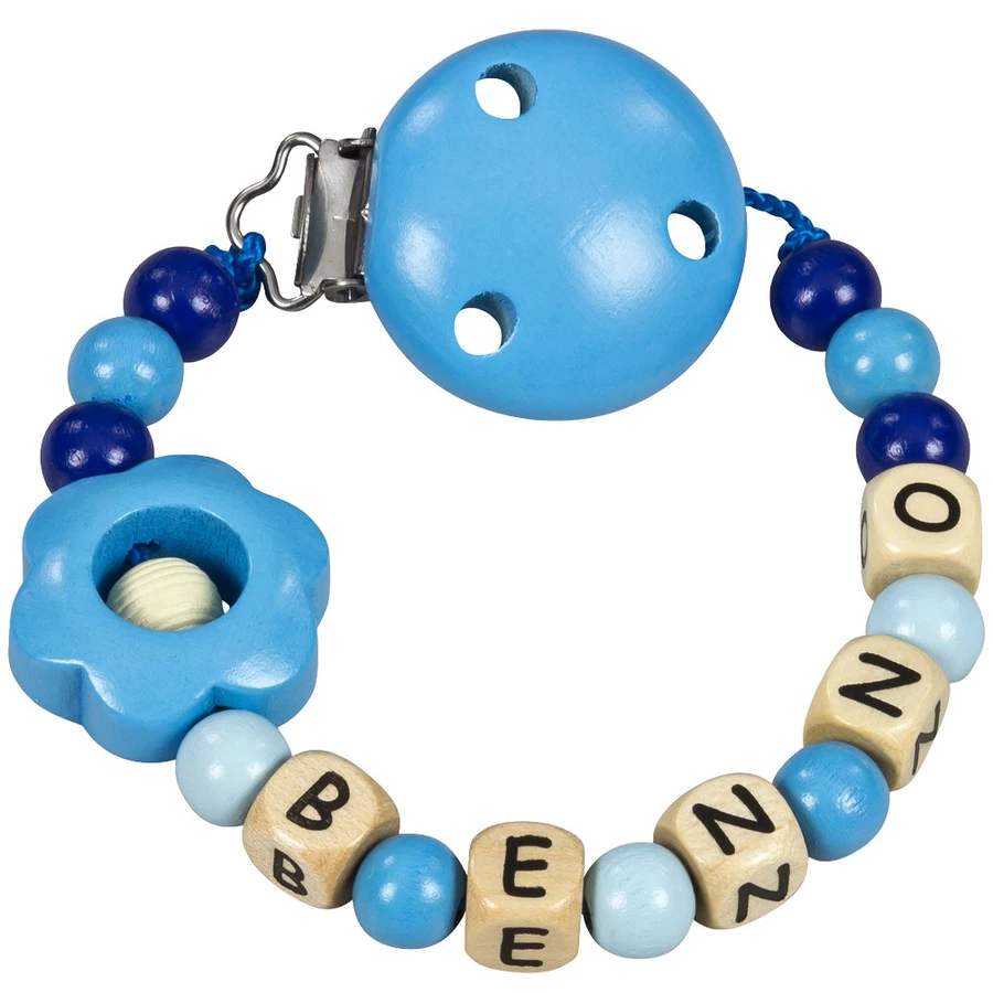 Schnullireich Schnullerkette mit Namen Blume (Holz-Buchstaben) Blau