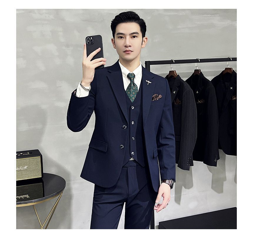 Deepwood - Set: effen enkelrijs blazer + vest + rechte pantalon