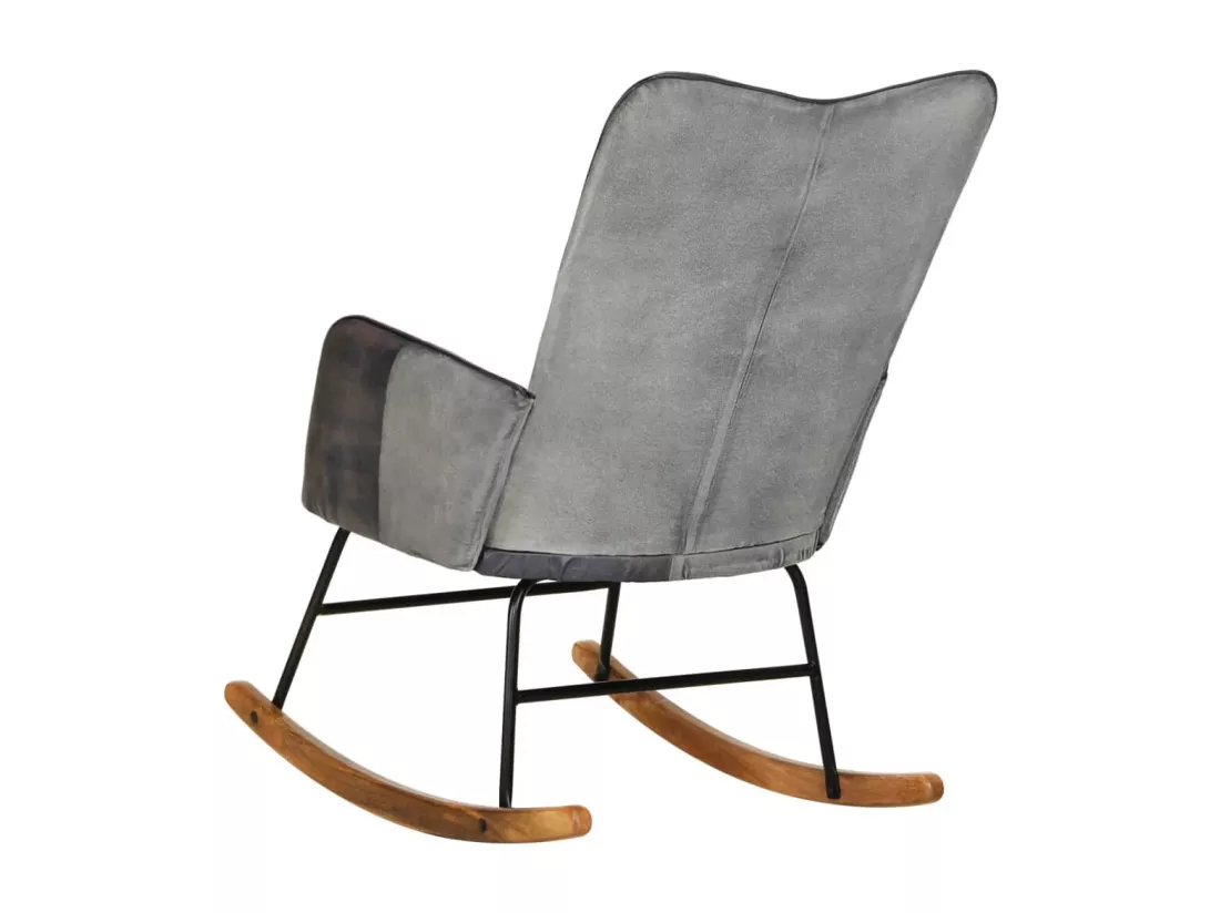 Chaise à bascule Gris Cuir véritable et toile