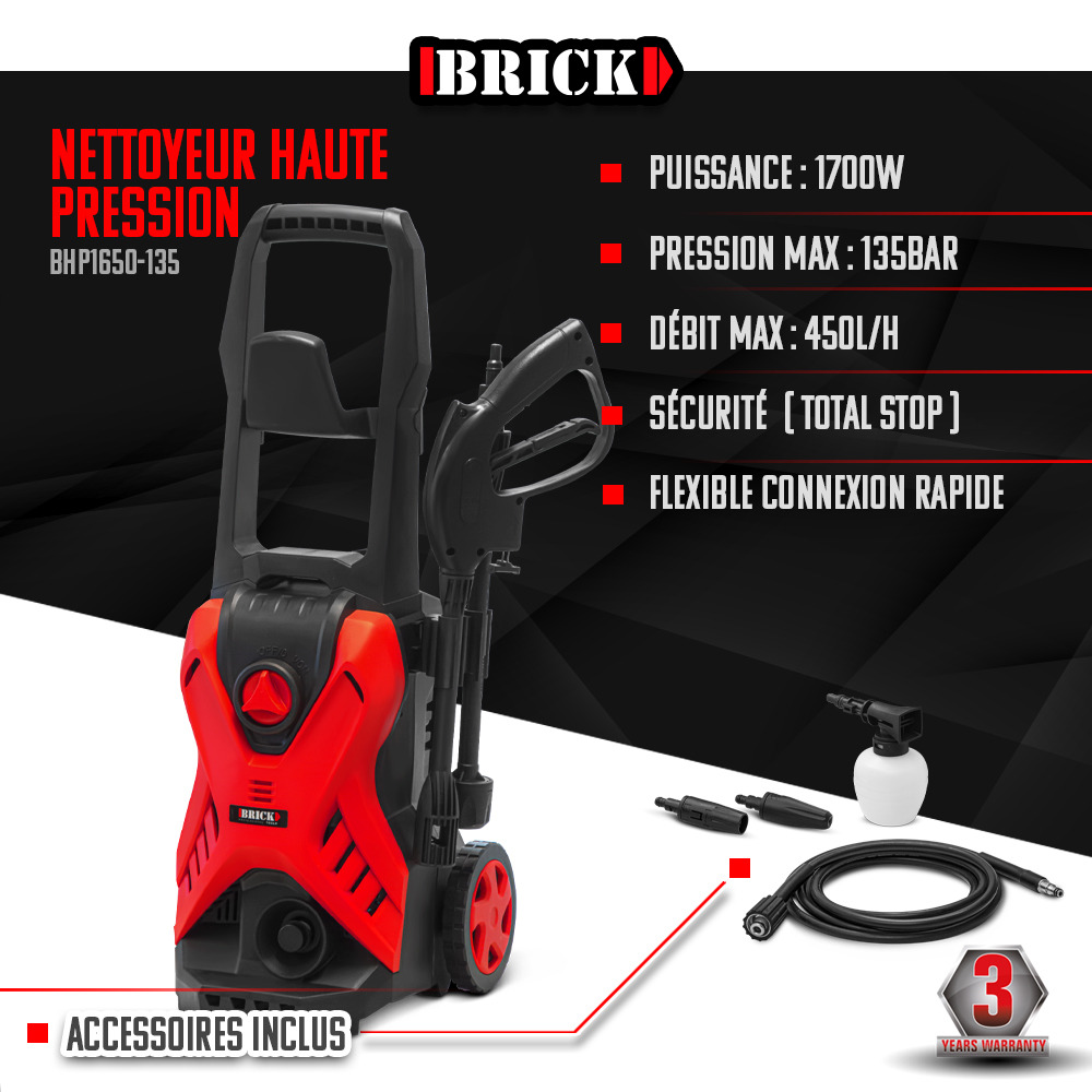 Nettoyeur haute pression 1700w - 135 bars sur roues - buse turbo et buse rotativ