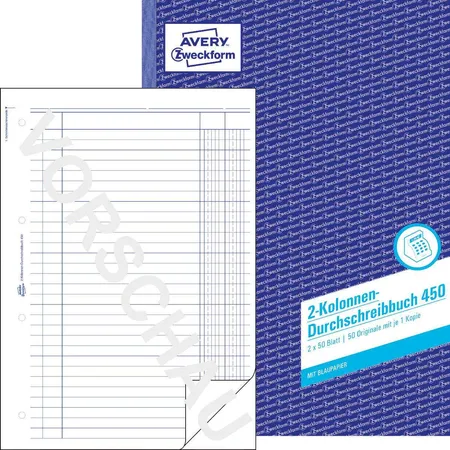 Avery Zweckform 450 Kolonnen-Durchschreibbuch, 2 Kolonnen, A4, mit Blaupapier, 2x50 Blatt