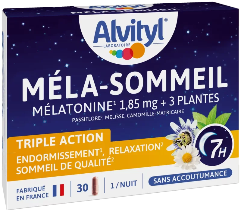 Méla-Sommeil gélules - Mélatonine + 3 plantes + vitamine B6 -  Triple action sur le sommeil et la relaxation - 30 gélules