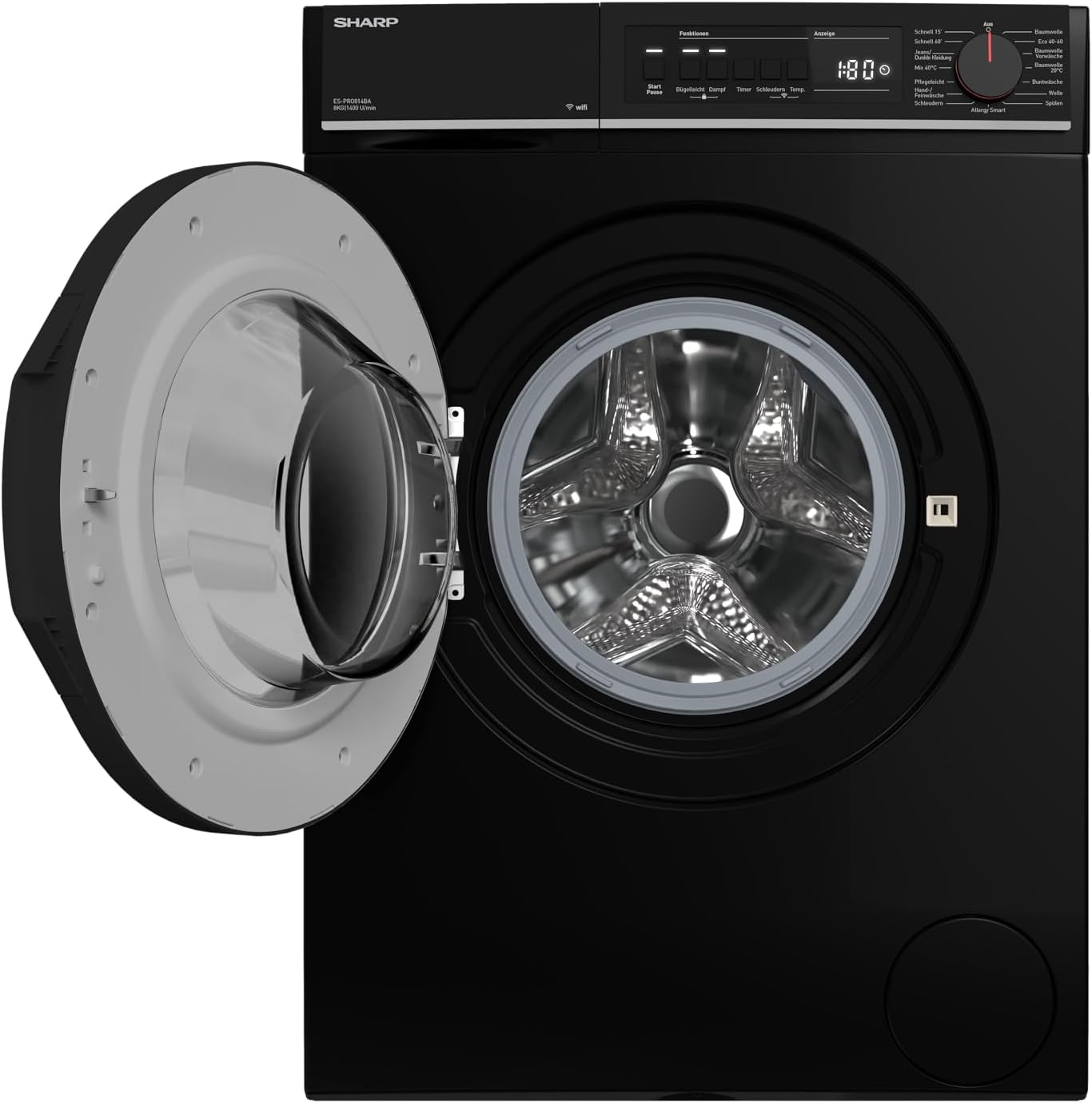 SHARP ES-PRO814BA-DE Waschmaschine Frontlader, 8kg, 1400U/min, Smarte Bedienung durch Veezy App, Dampffunktion, Inverter, 15 Programme, AquaStop, Schwarz