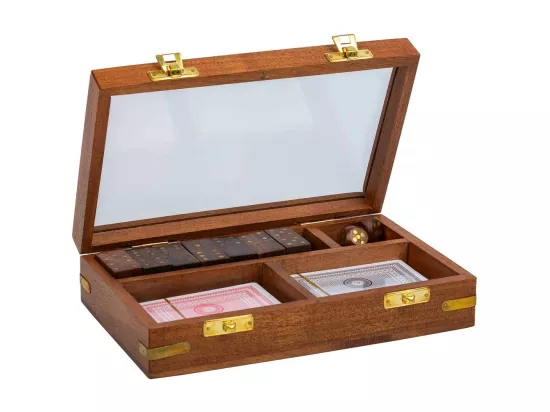 Jeu 3 en 1 (dés+domino+cartes) dans une boîte en bois marron 15,5x12,75x5h