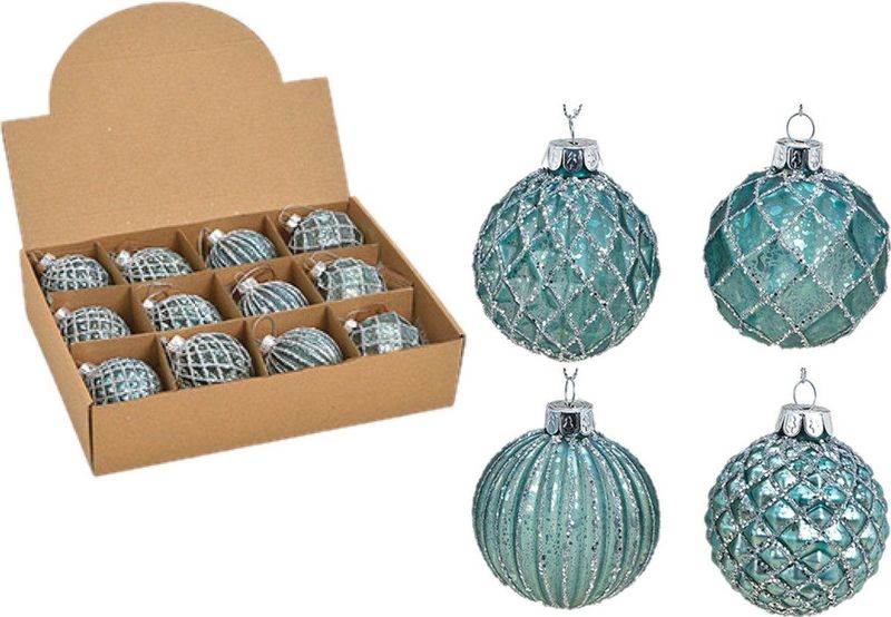 Wurm Kerstballen - 12st - glazen - gedecoreerd turquoise blauw - 6 cm