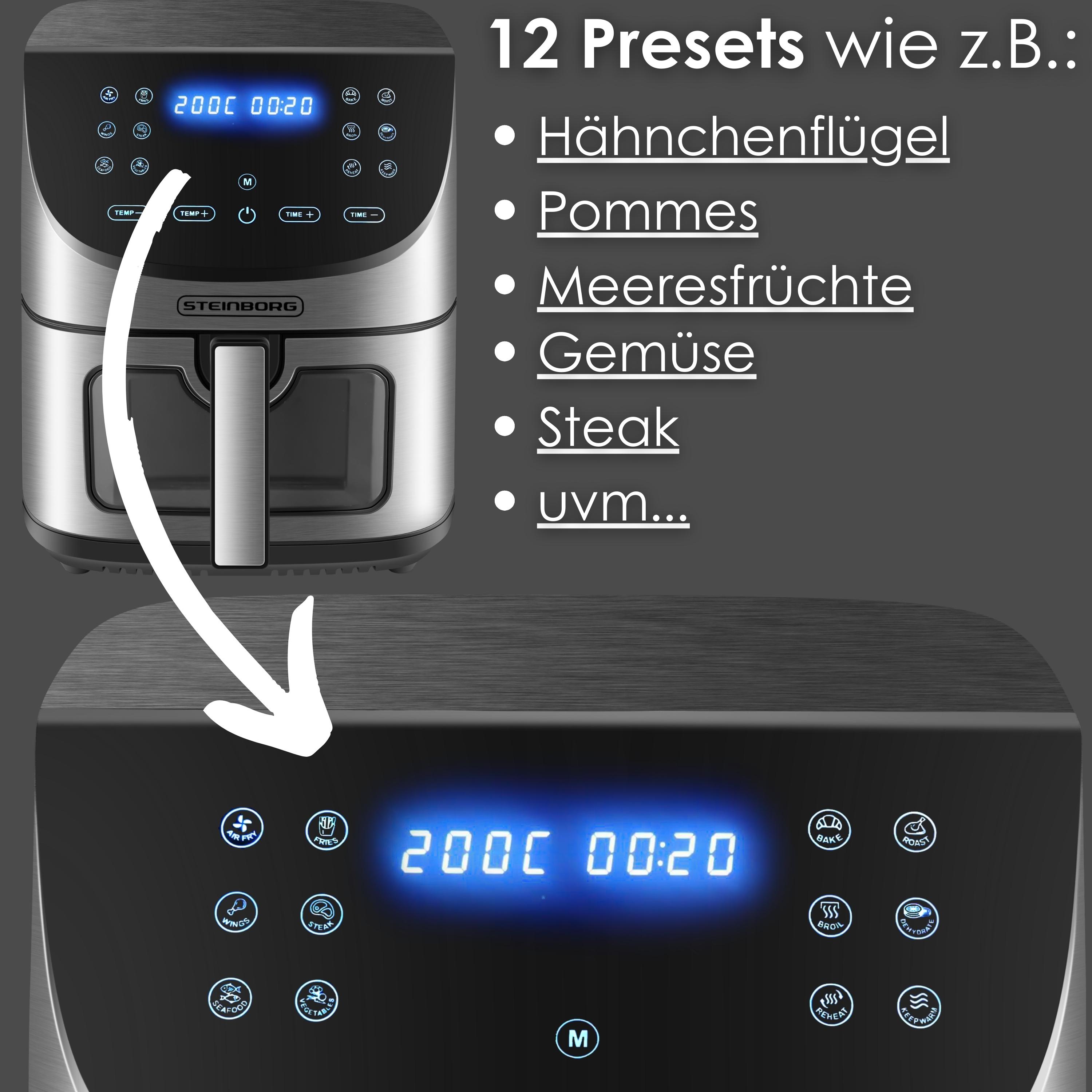 Steinborg 4in1 Heißluftfritteuse 8L 12 automatische Programme 1700W