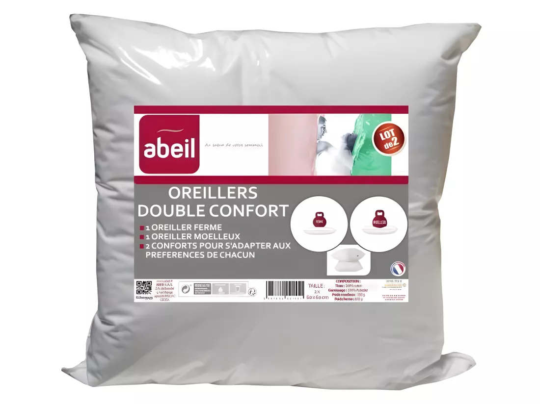 ABEIL Lot de 2 Oreillers DOUBLE CONFORT 100% Coton 60x60cm
