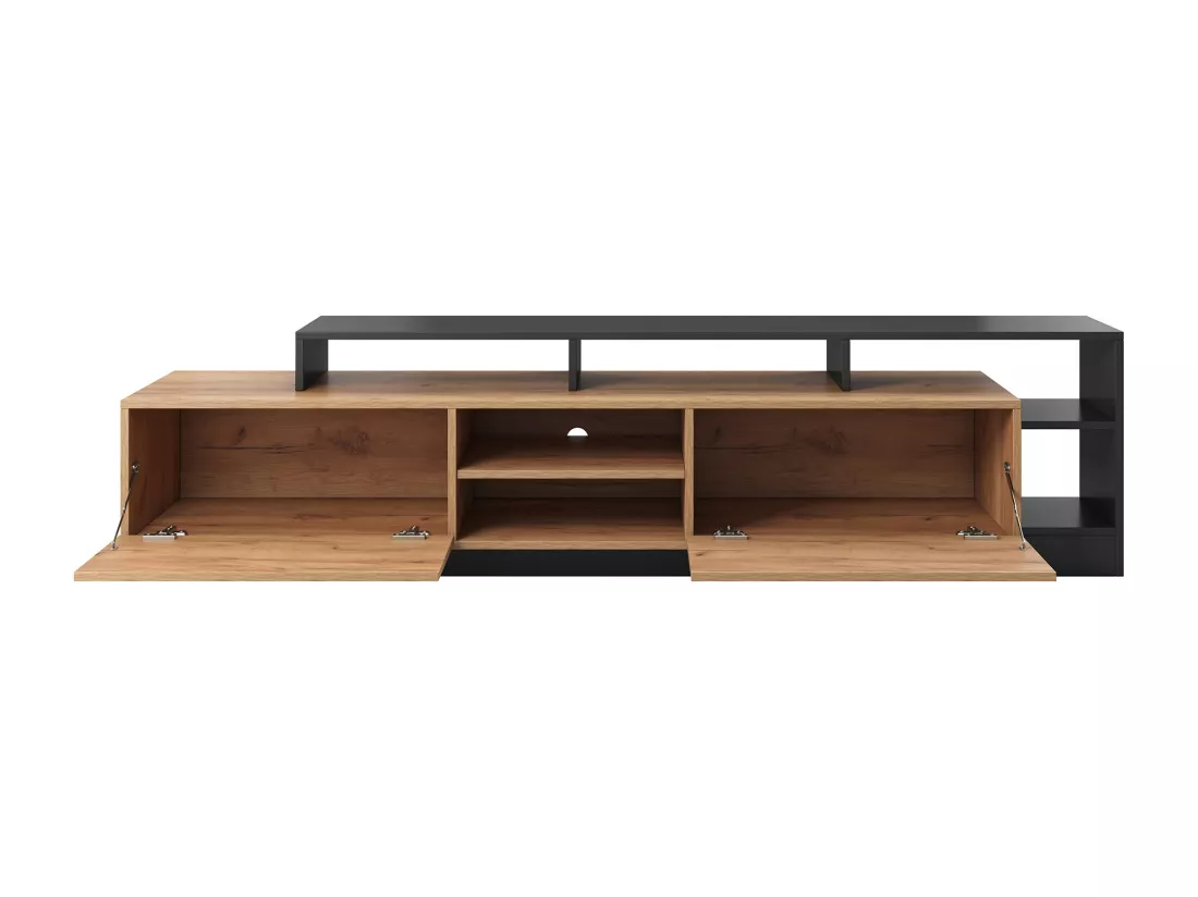Meuble TV 2 portes et 6 niches avec LEDs - Naturel clair et Anthracite - IDESIA