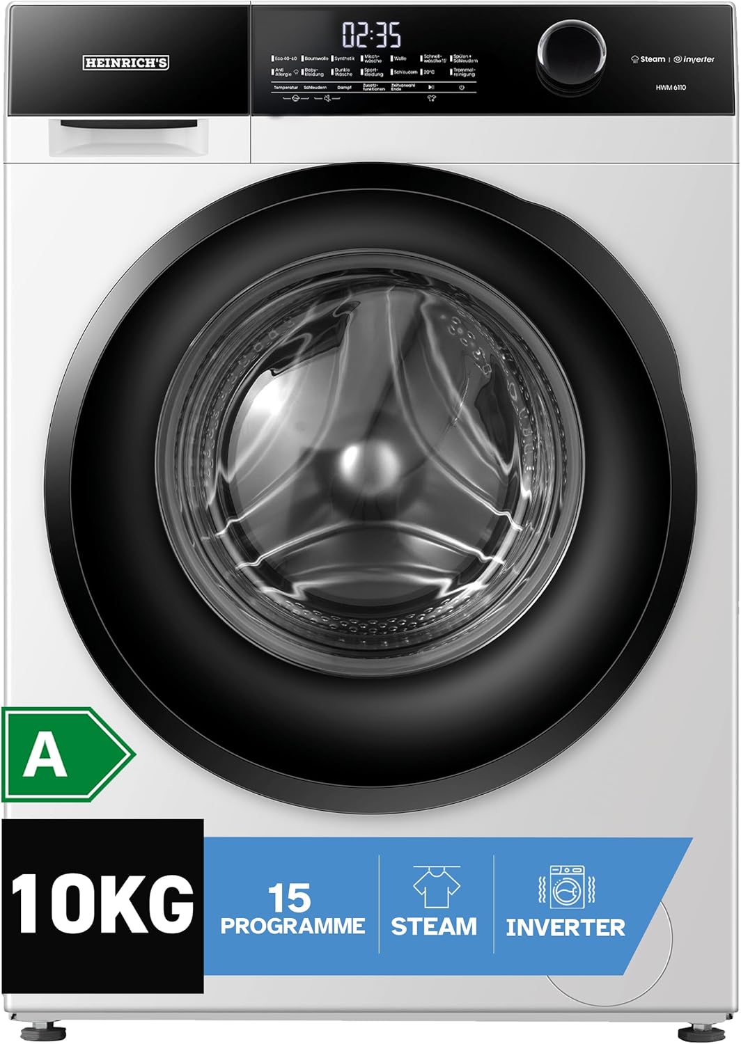 HEINRICHS Waschmaschine, Steam-Funktion, 10kg Mega Kapazität, 15 Programme, 1400 U/min., Aqua-Stop, LED-Display, Endzeitvorwahl, mit Kindersicherung, langlebiger und leiser Inverter Motor,Weiß