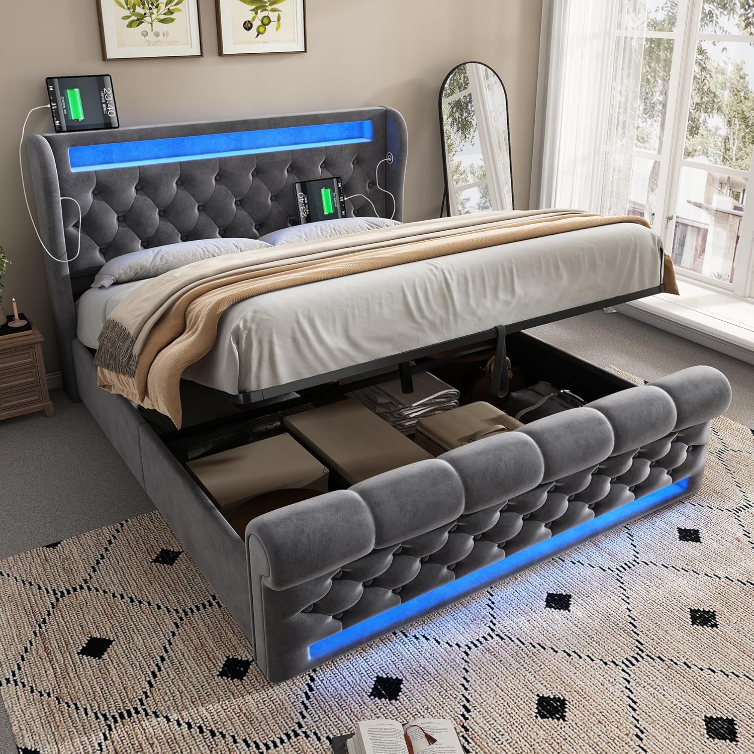 Polsterbett 140x200 cm, Doppelbett mit LED-Leuchten, Kopfteil mit USB- und Typ-C-Anschlüssen, Hydraulisches Stauraumbett, für Jugendliche und Erwachsene, Samt, Grau (Ohne Matratze) SK2623696