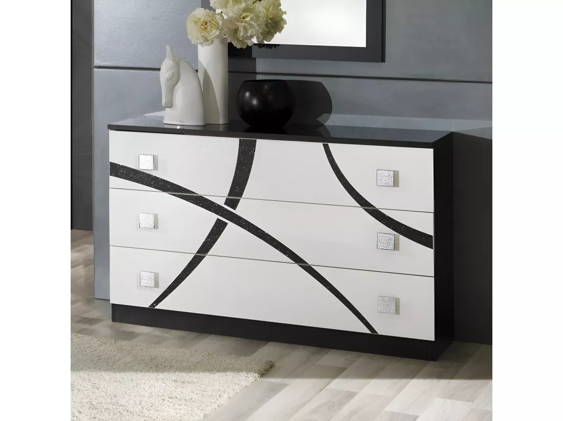Chambre complète 160*200 Blanc/Noir - CROSS - Lit : L 165 x l 206 x H 106 cm