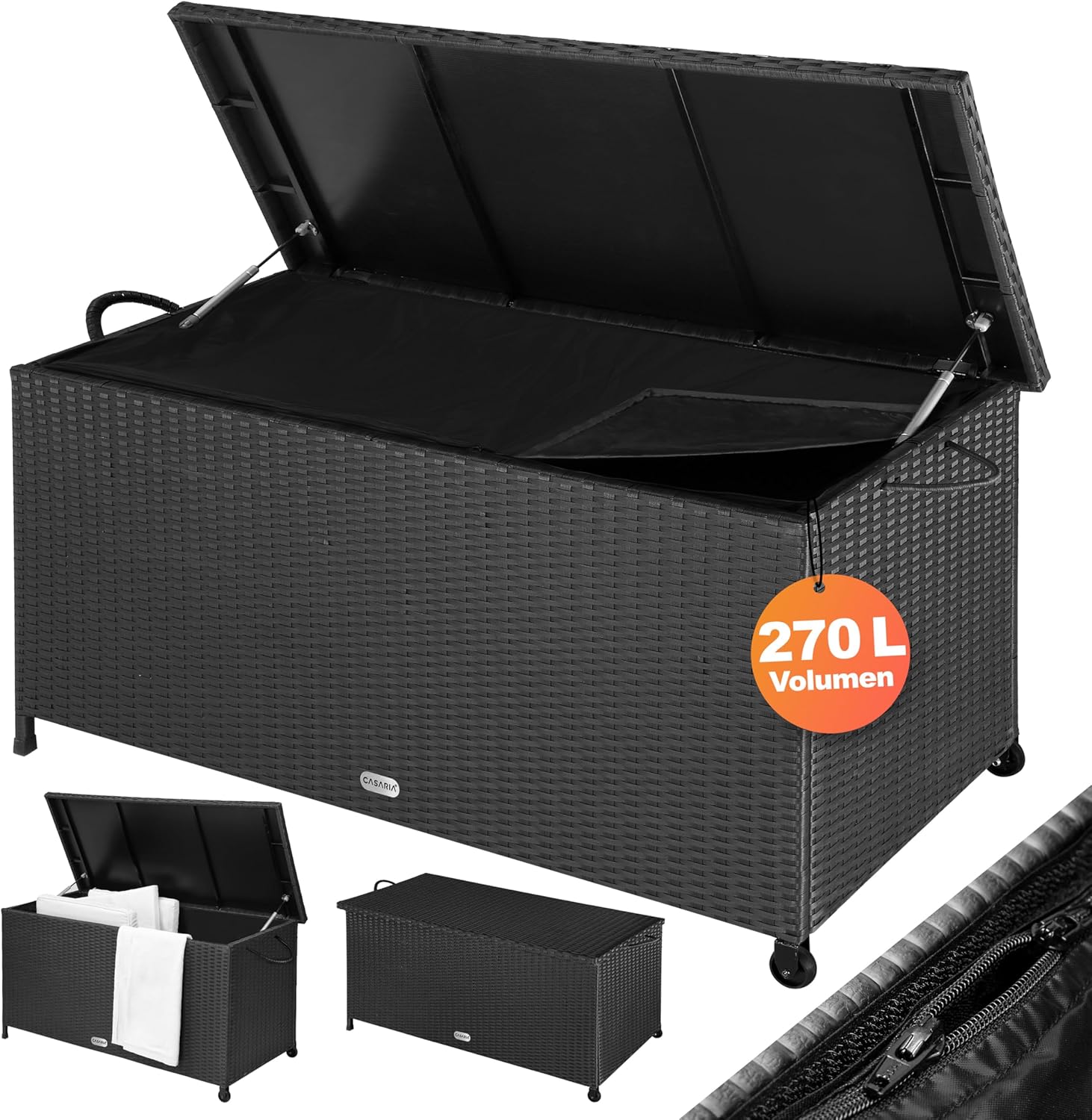 Casaria® Gartenbox Auflagenbox mit Rollen 270L Stauraum UV-beständig Handgriffe Gasdruckfeder Wetterfest 117x53cm Garten Aufbewahrungsbox Schwarz