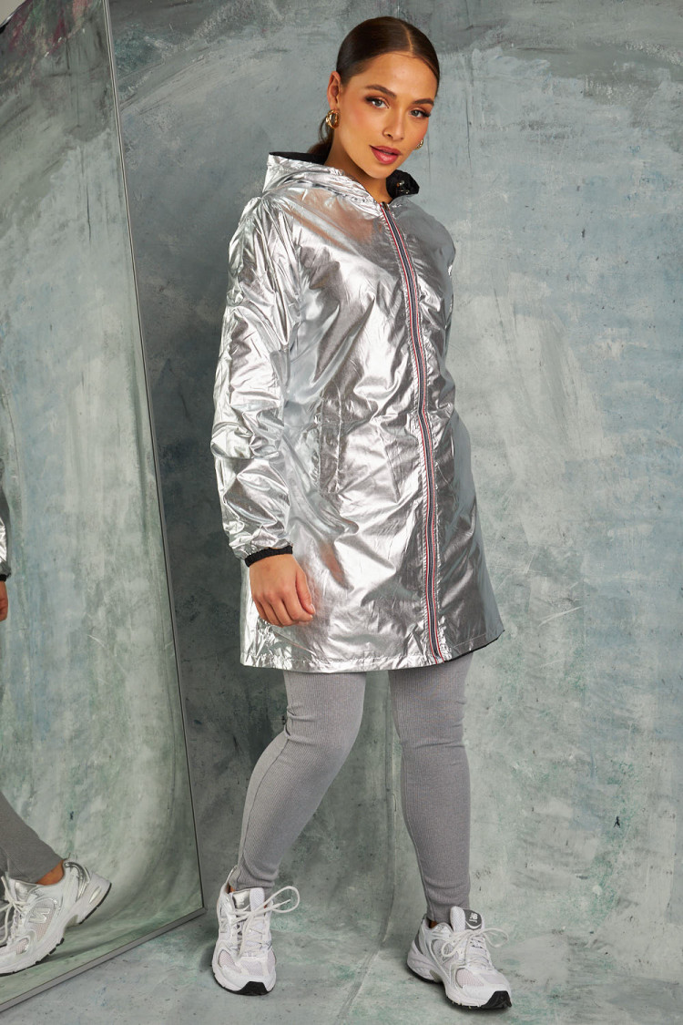 Veste imperméable mi-longue réversible noire ou gris métallisé