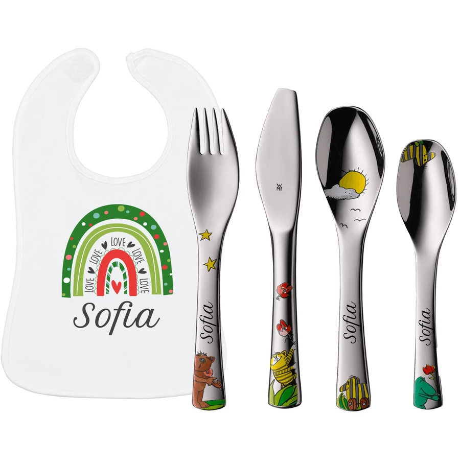 Schnullireich Geschenkset mit Namen WMF Kinderbesteck Janosch + Lätzchen Regenbogen Silber