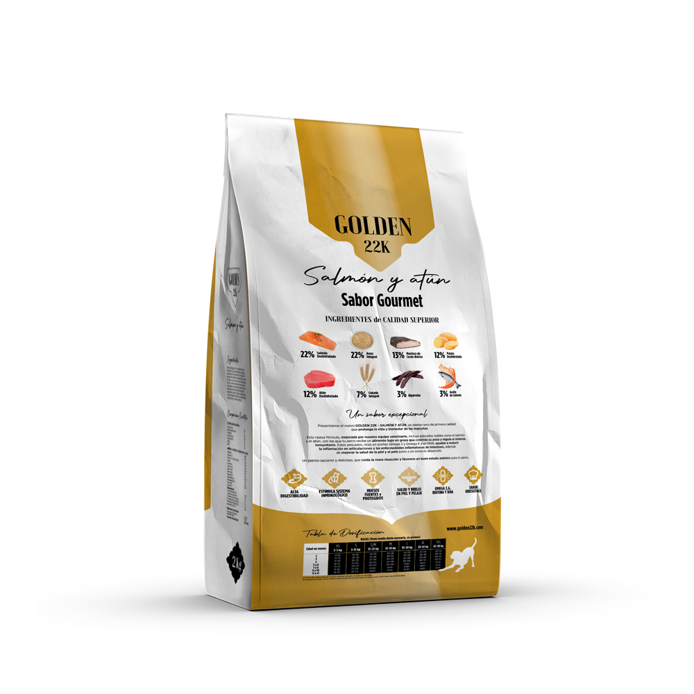 Ração Golden 22k para filhotes, sabor salmão e atum.