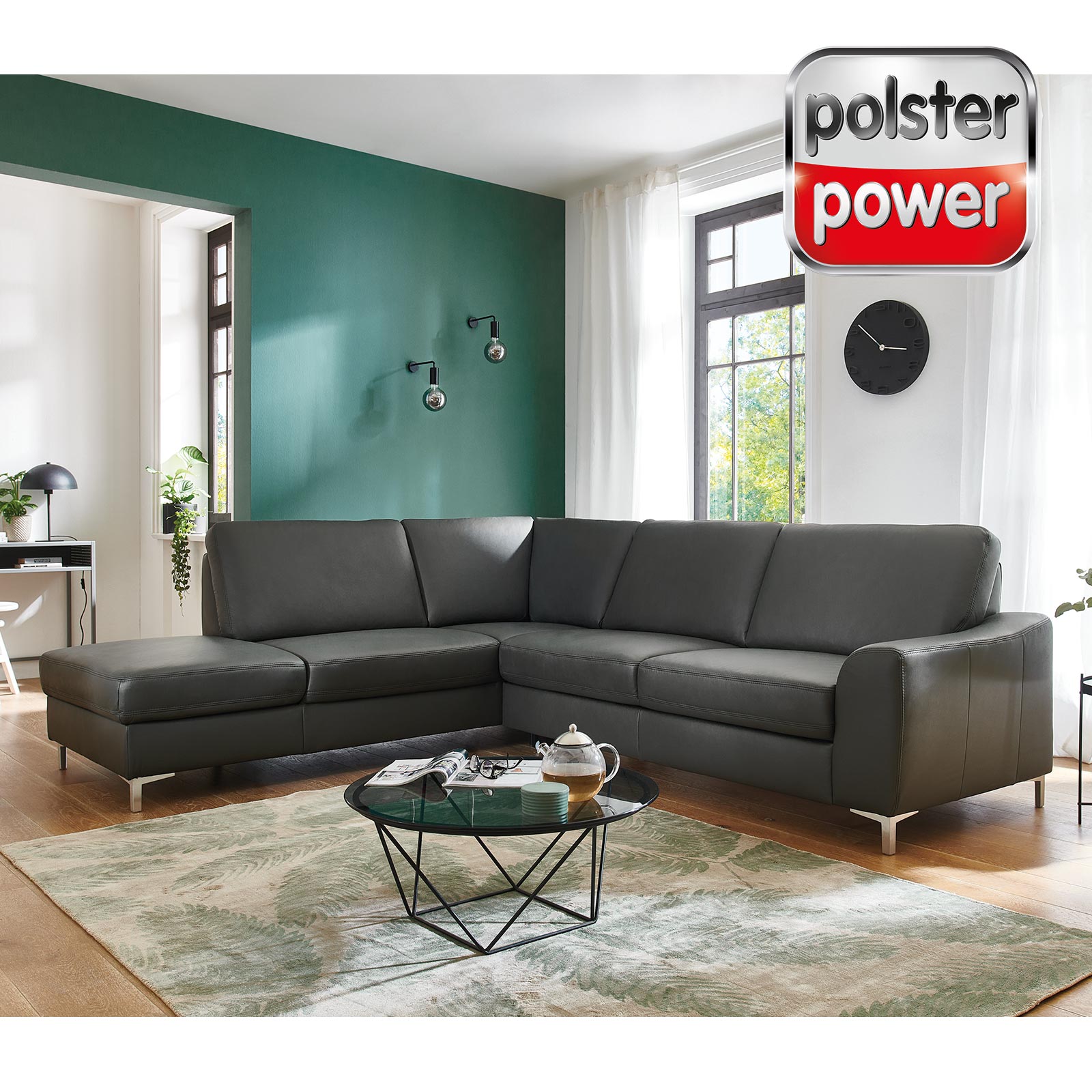 polsterpower Ledersofa - anthrazit - Anstellhocker links - Basismodell