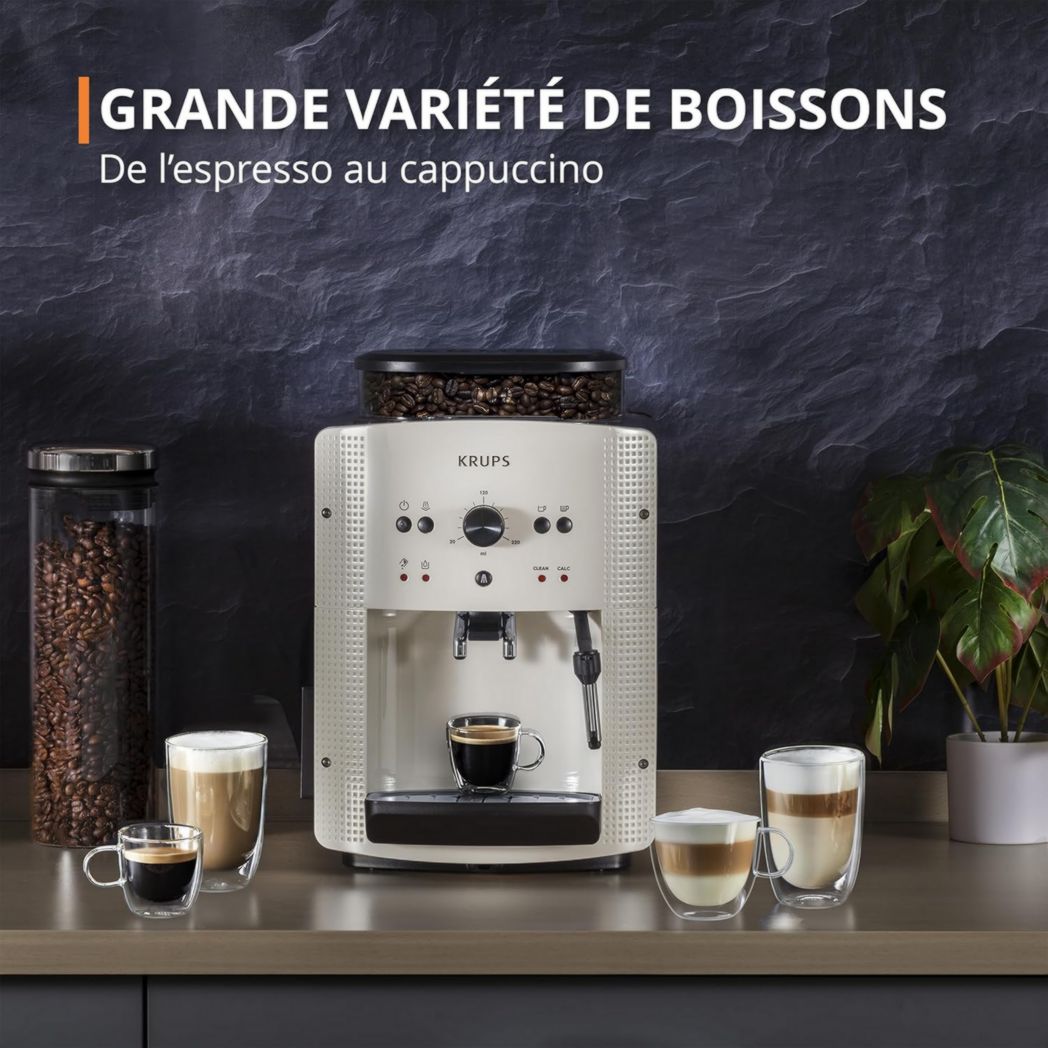 Krups Machine à café à grains, 1,7 L, 2 tasses simultanément, Nettoyage automatique, Buse vapeur pour cappuccino, Cafetière expresso, Essential black YY8125FD, Noir