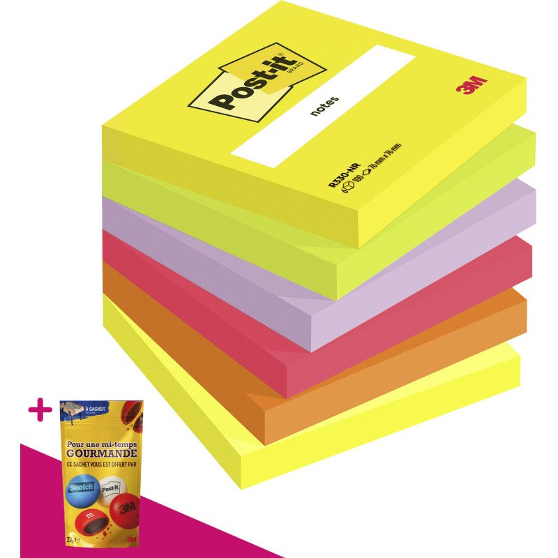 Z-notes repositionnables couleurs vives assorties Post-it 76 x 76 mm - bloc de 100 feuilles = Pour l'achat 12 notes repositionnables, 1 sachet de M&M OFFERT
