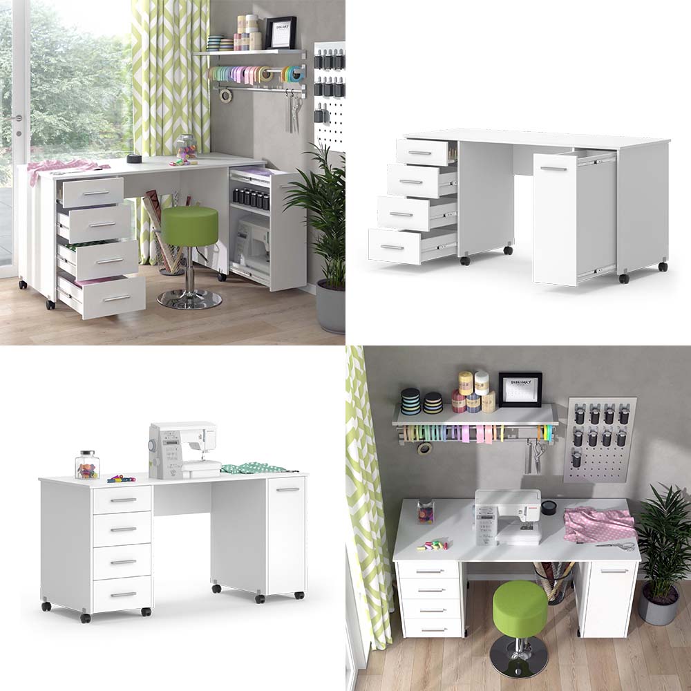 Vicco Nähtisch Verona auf Rollen 148x75x60cm weiß, Basteltisch mit 4 Schubladen