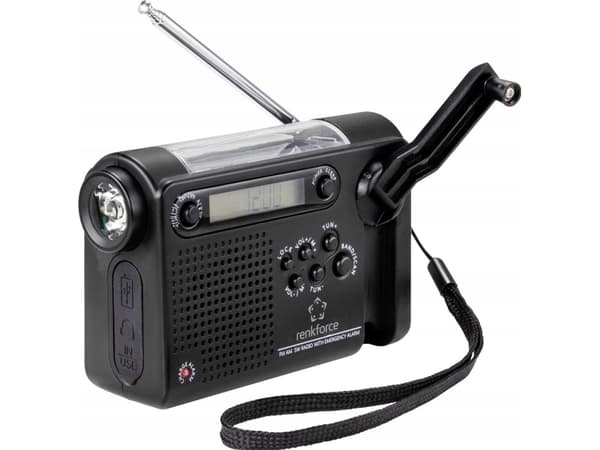 Renkforce RF-CR-200 Kuffertradio FM, AM (1018), KW Nødradio genopladelig, Solcellepanel, Håndsving, Vækkefunktion, Lommelygte Sort