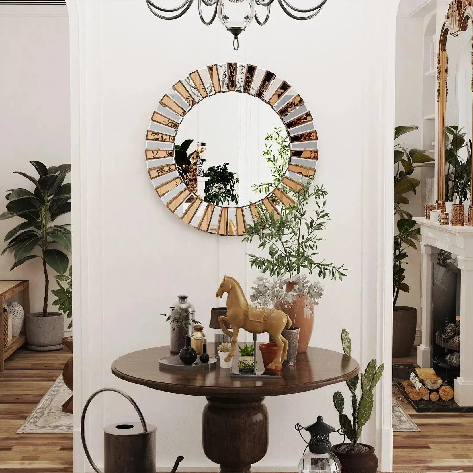 Modern Sunburst Round Wall Mounted Mirror | Beveled Edge Glass Decorative Wall Hanging Mirror