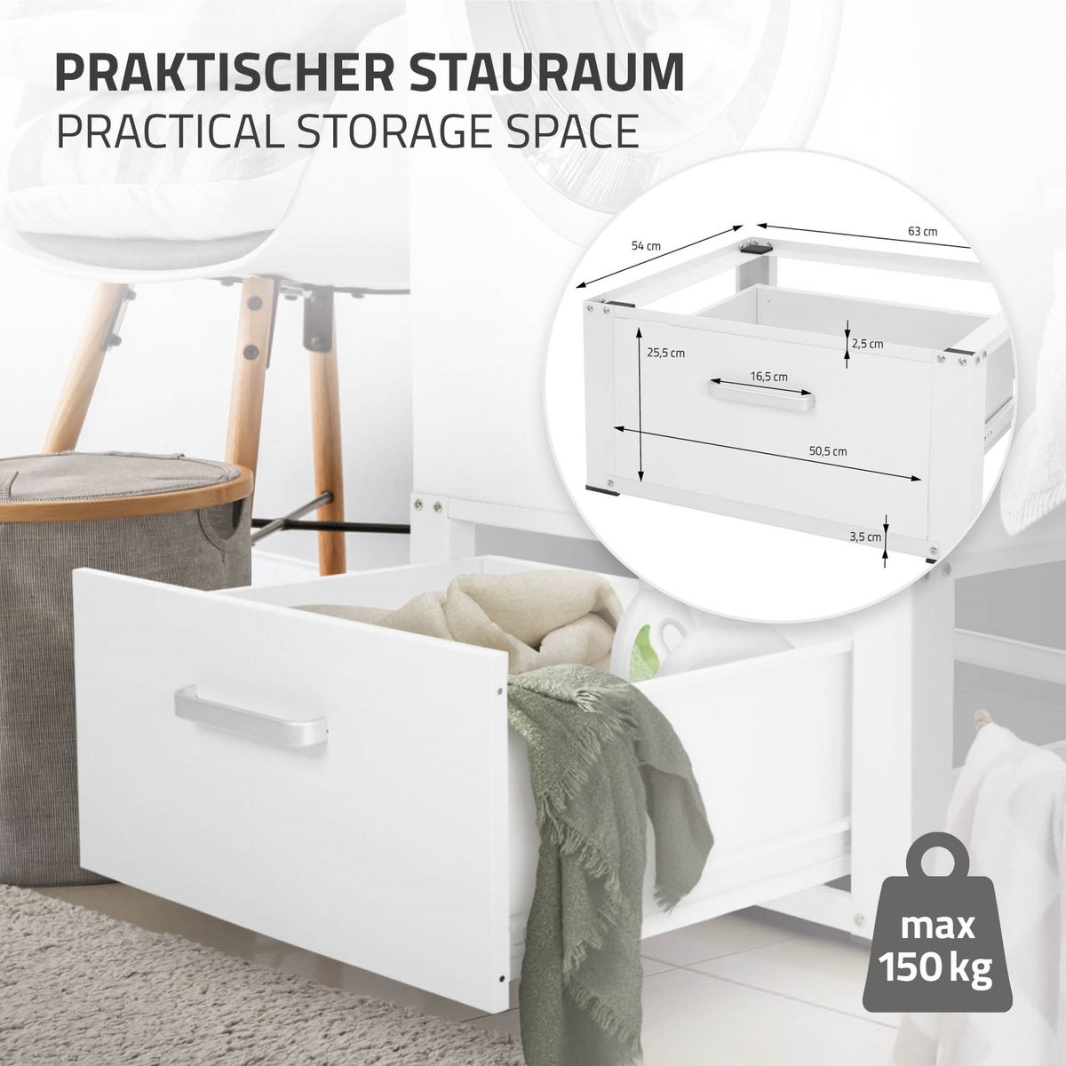 ML-Design Wasmachine Onderstel met Lade 63x54cm Staal Wit tot 150kg, Wasmachinekast, Stabiele Wasmachine Onderstel, H=31,5cm Voetstuk Verlengstuk voor Droger/Koelkast