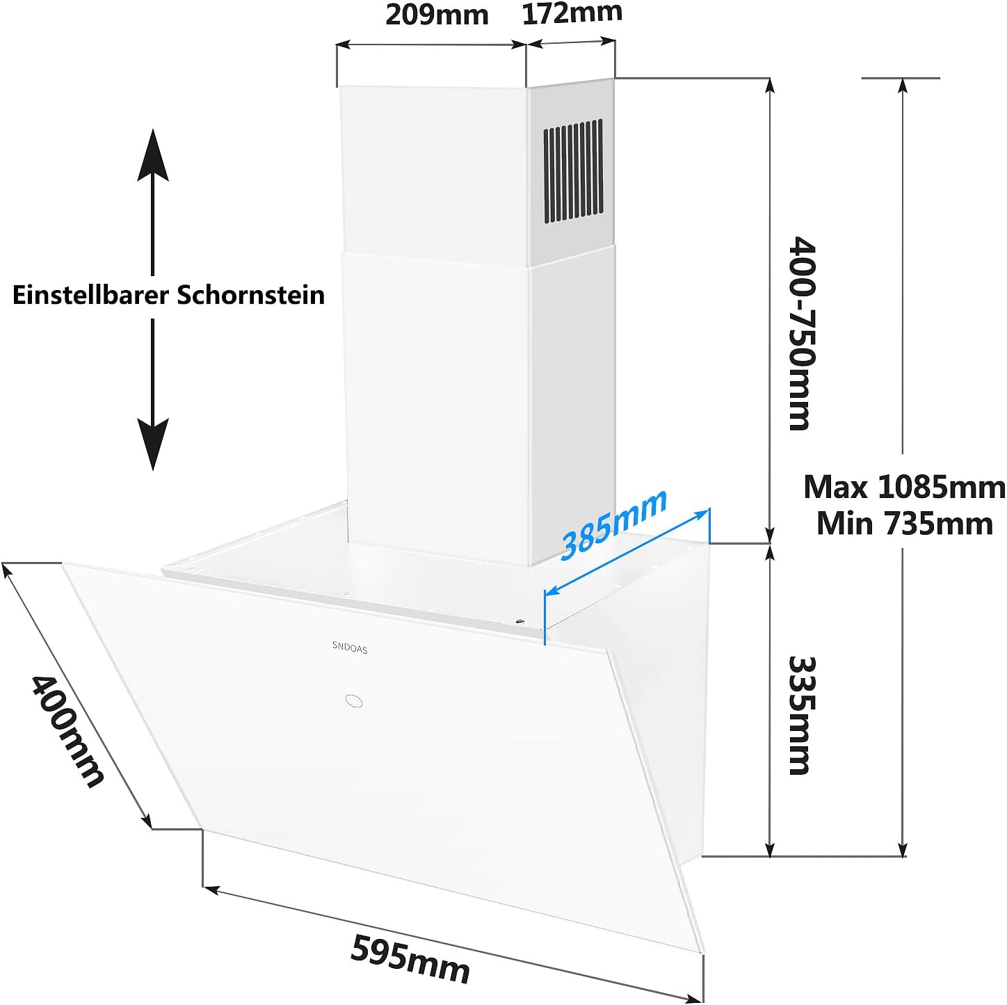 SNDOAS Dunstabzugshaube 60cm, Kopffreie Wandhaube mit 700 m³/h Starker Saugleistung, 3 Leistungsstufen, LED-Anzeige Touchscreen, Verzögerungs-Ausschaltfunktion, Abluft/Umluft, Weiß