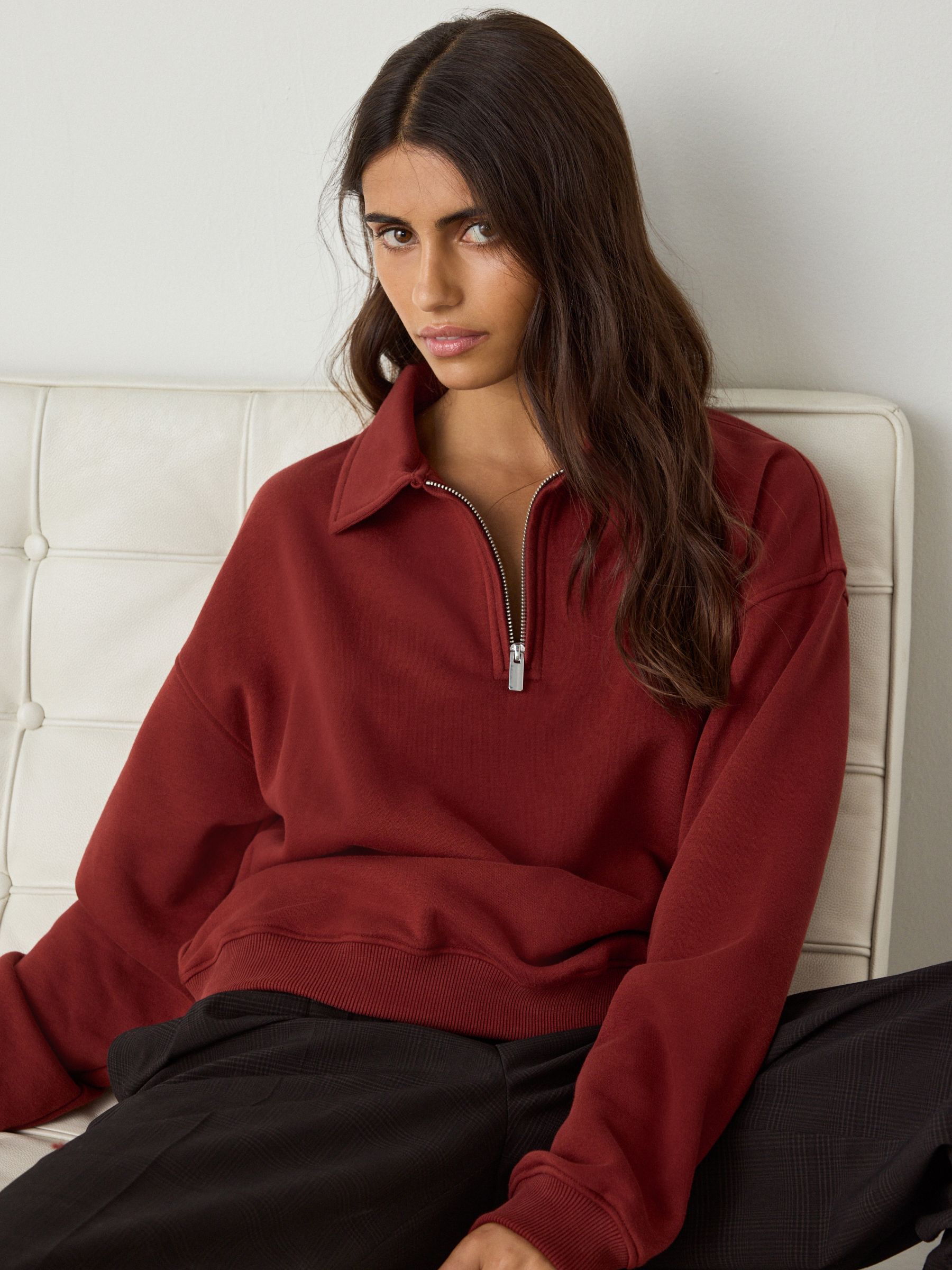 Bordeauxrood - Essential sweatshirt met kwartrits en kraag