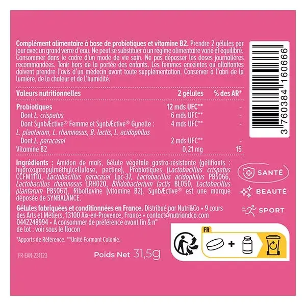 Nutri&Co Probiótico Flora Íntima Conforto e Saúde Vaginal 60 cápsulas