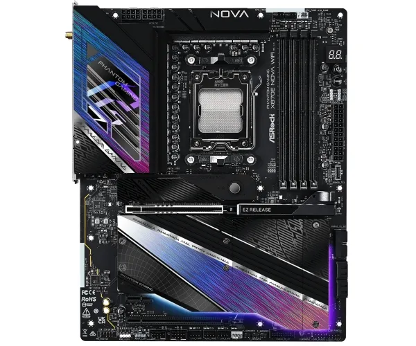 ASRock Phantom Gaming X870E NOVA WiFi - Bundkort - ATX - Socket AM5 - AMD X870E Chipset - USB4, USB 3.2 Gen 1, USB 3.2 Gen 2, USB-C 3.2 Gen 2x2 - 5 Gigabit Ethernet, Wi-Fi 7, Bluetooth - onboard grafik (CPU påkrævet) - HD Audio (8-kanaler)