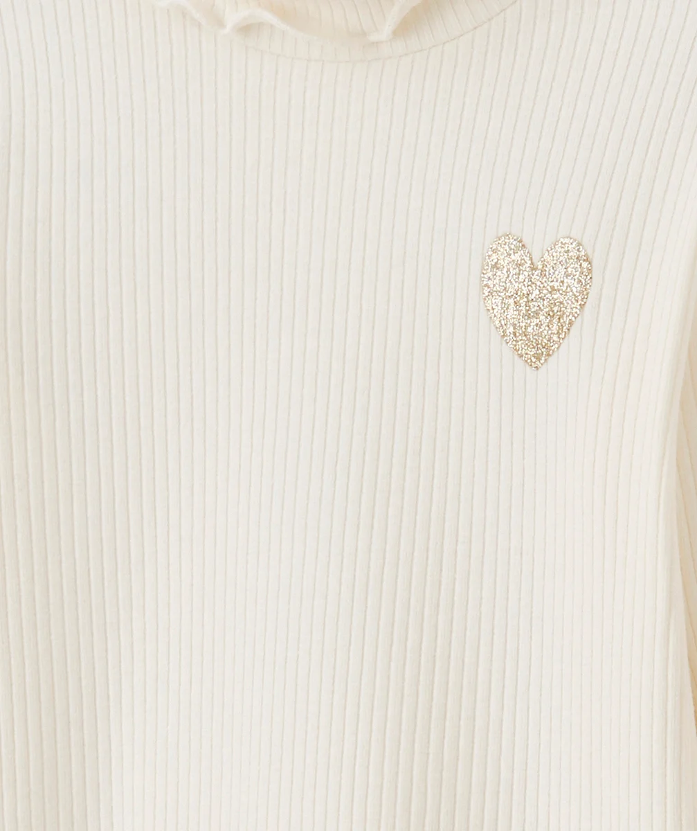 SOUS-PULL CÔTELÉ BÉBÉ FILLE ÉCRU AVEC PATCH COEUR À PAILLETTES
