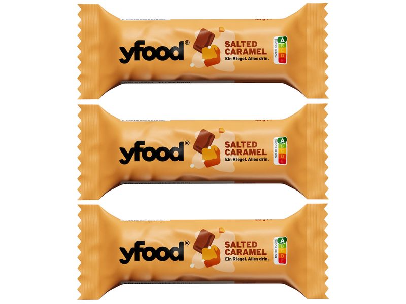 YFOOD Riegel Salted Caramel 3 x 60 g High-Protein Riegel ohne Zuckerzusatz