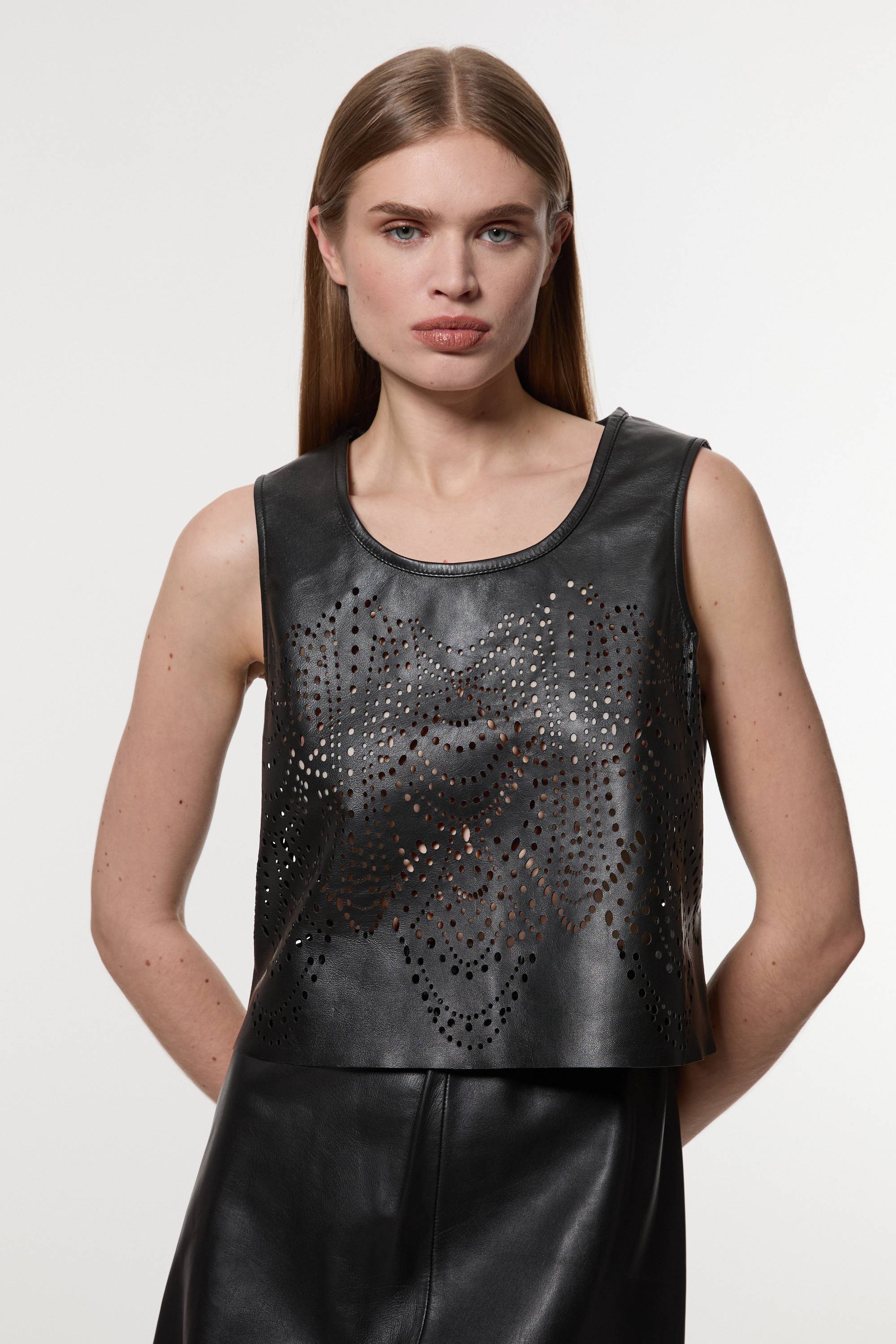 KarenMillen Amelia Graham Leather Cutwork Tailored Shell Top