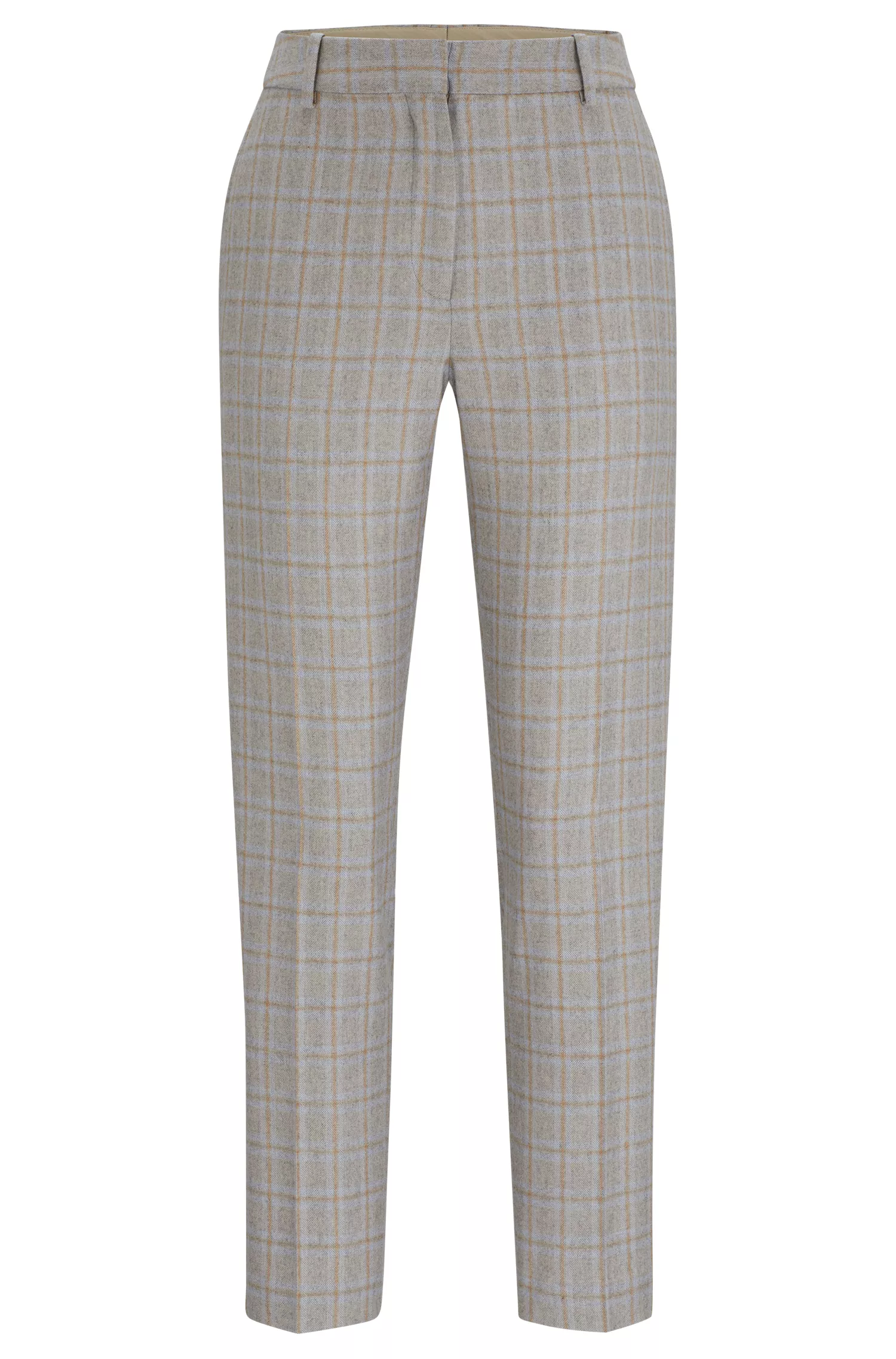 Calça BOSS cor camelo, corte slim, em mistura de lã com cashmere.