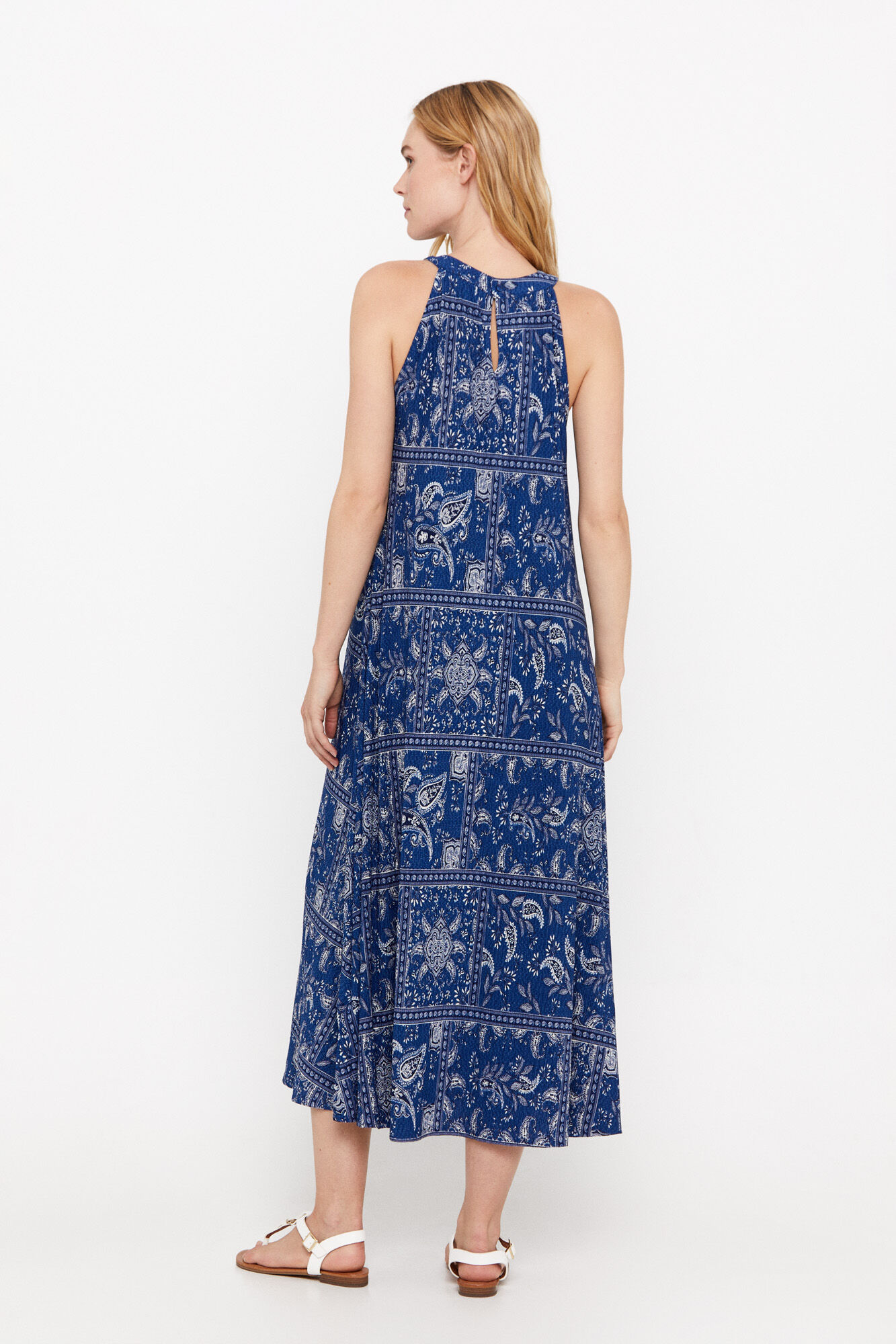 Vestido frente única plissado estampado - Estampa azul