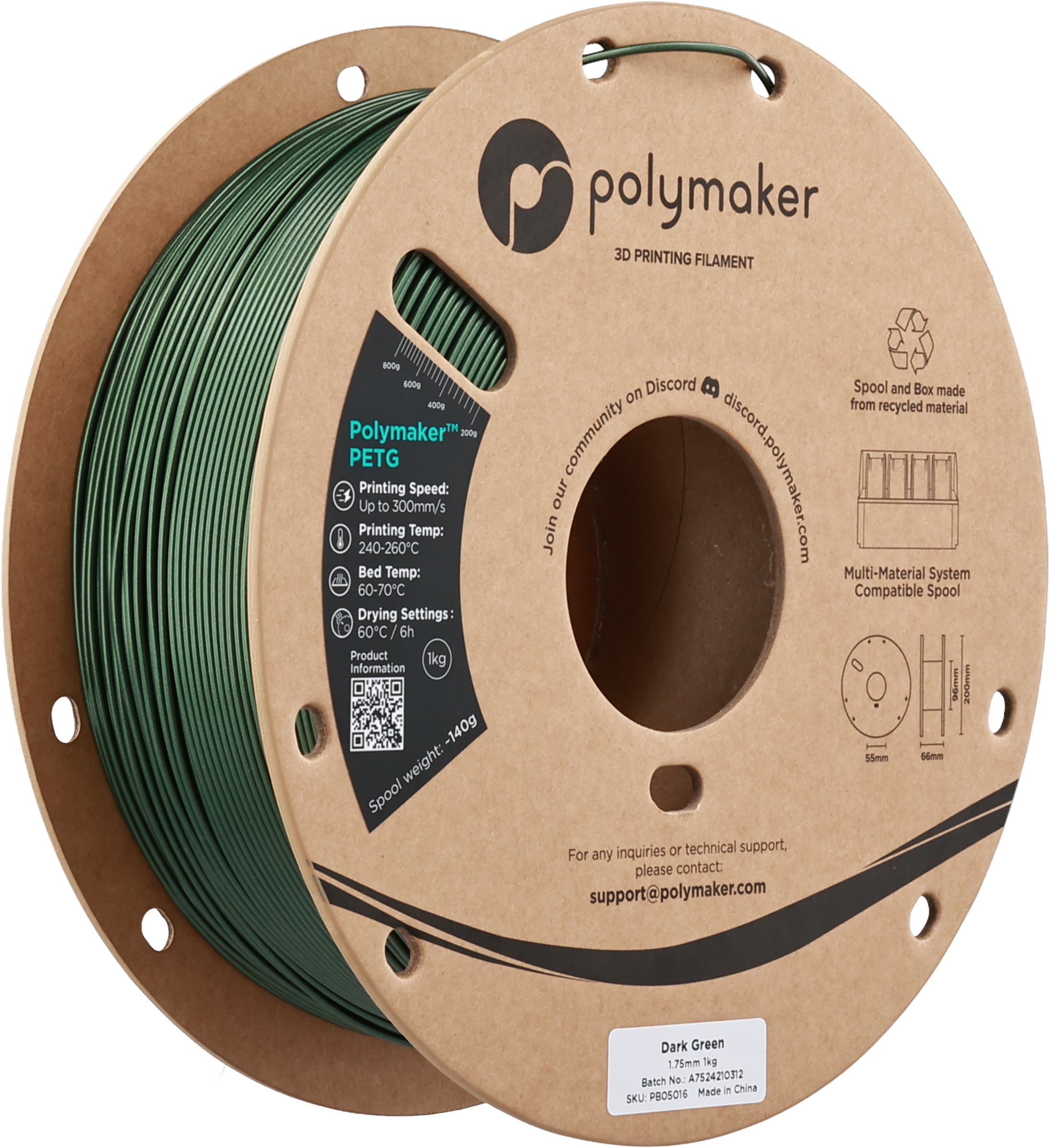 Polymaker  PETG Dark Green, 1,75 mm / 1000 g    Robustes PETG optimiert für High Speed Druck in Dark Green