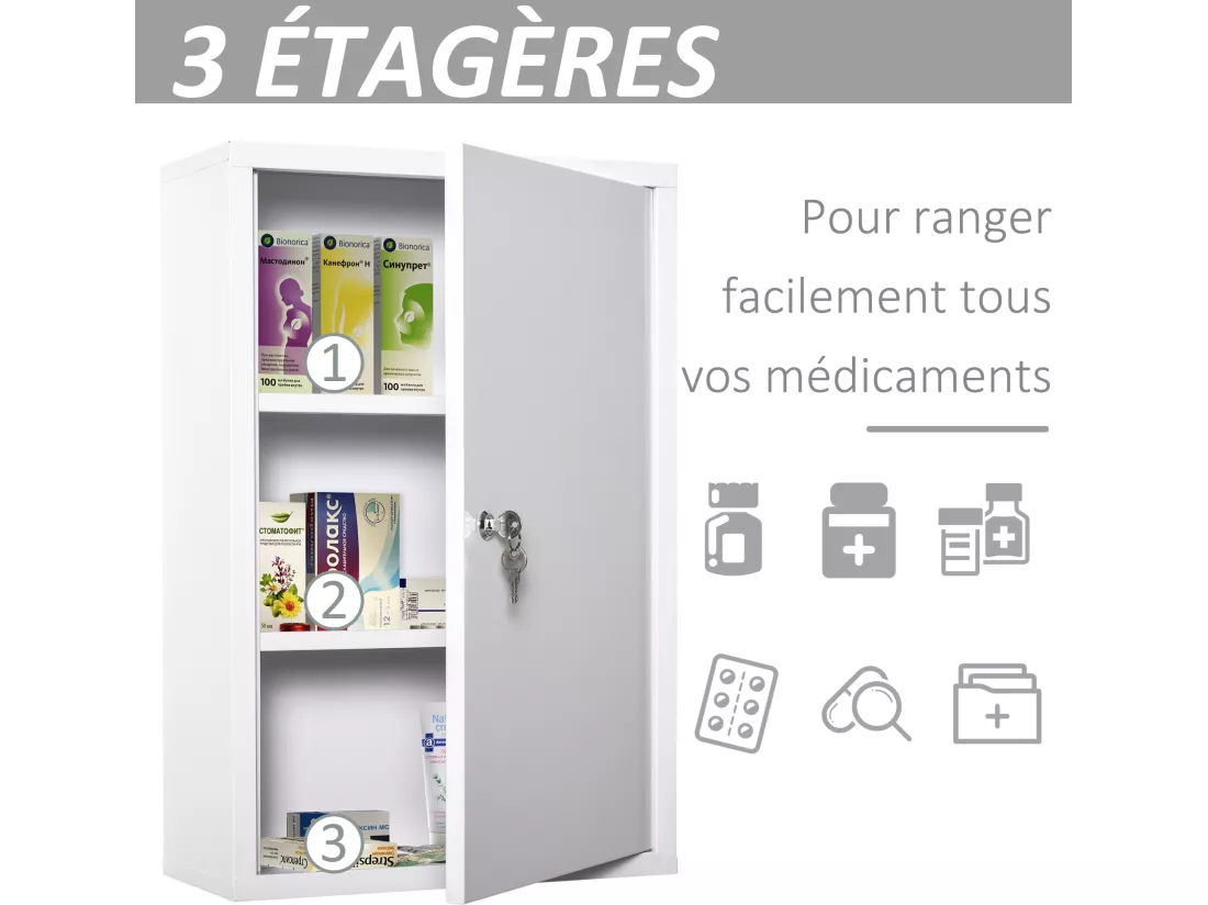 Armoire à pharmacie 2 étagères 3 niveaux verrouillable dim. 40L x 18l x 60H cm 2 clés métal blanc