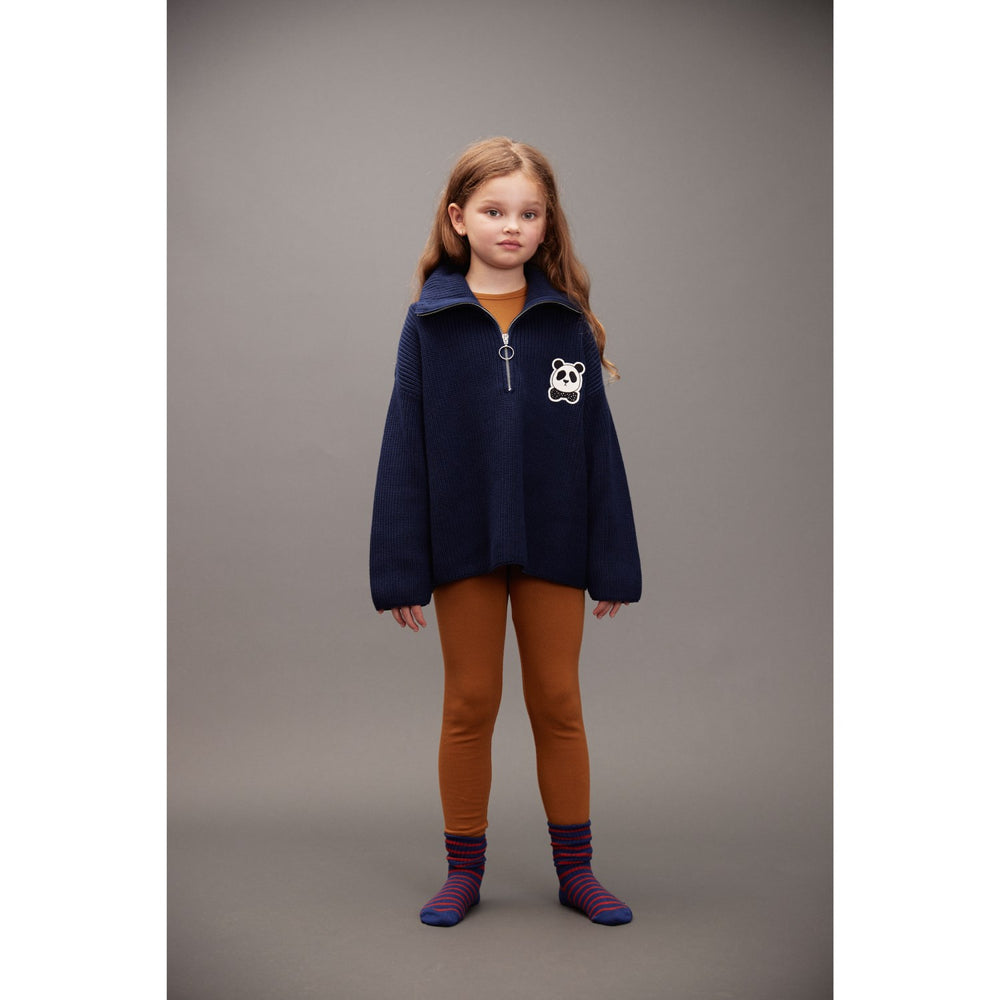Køb Mini Rodini Blue Panda Patch Chunky Strik Half Zip Sweater