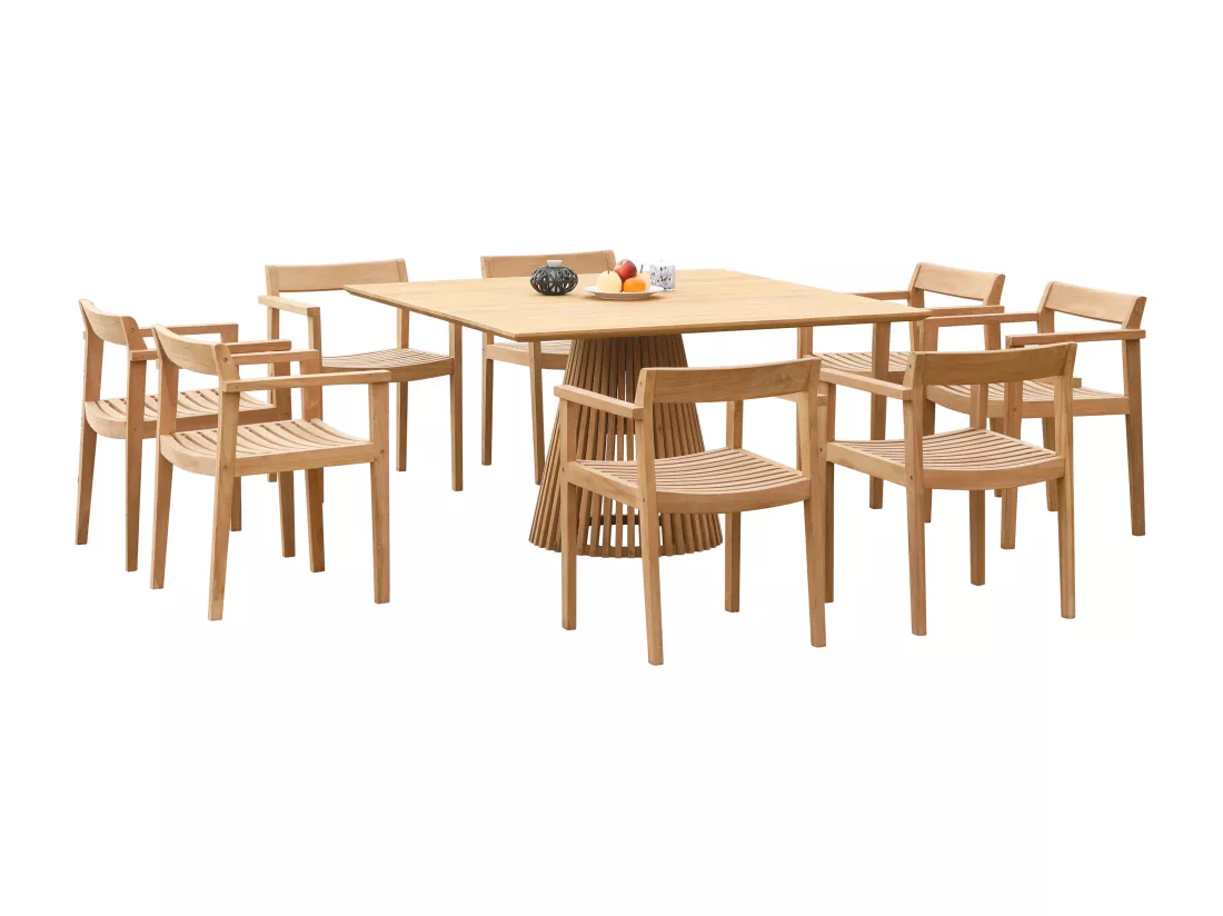 Salle à manger de jardin en teck : 1 table L.135 cm + 8 fauteuils - Naturel clair - TRIANI de MYLIA